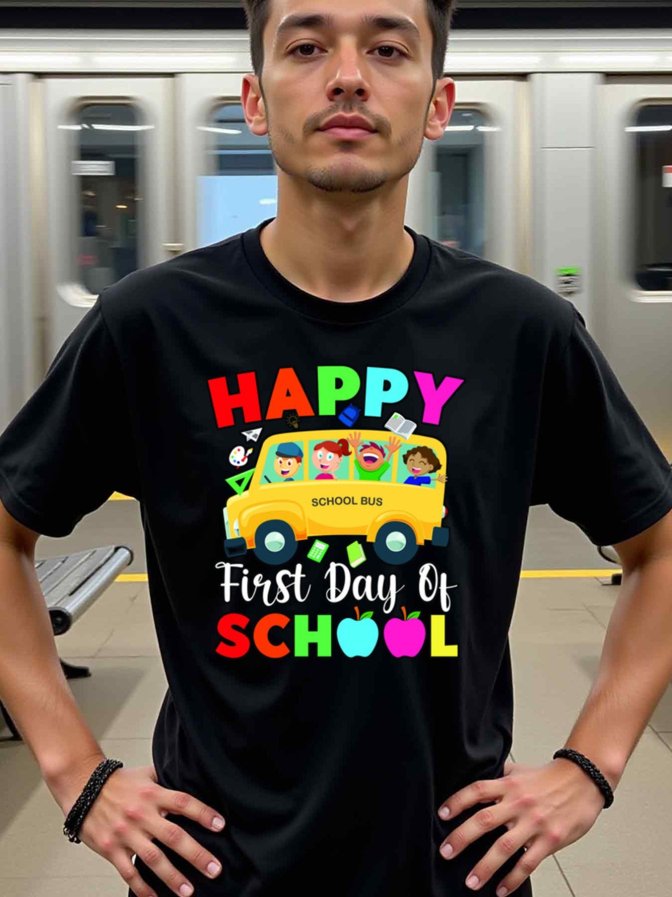 natee local warehouse clearance Back-to-school Happy First Day of School Shirt, 100% Cotton Fabric,Crew Neck,Regular Fit,Weekend Casual Wear,180gsm Family Friends Christian festival Thanksgiving Day, 男t