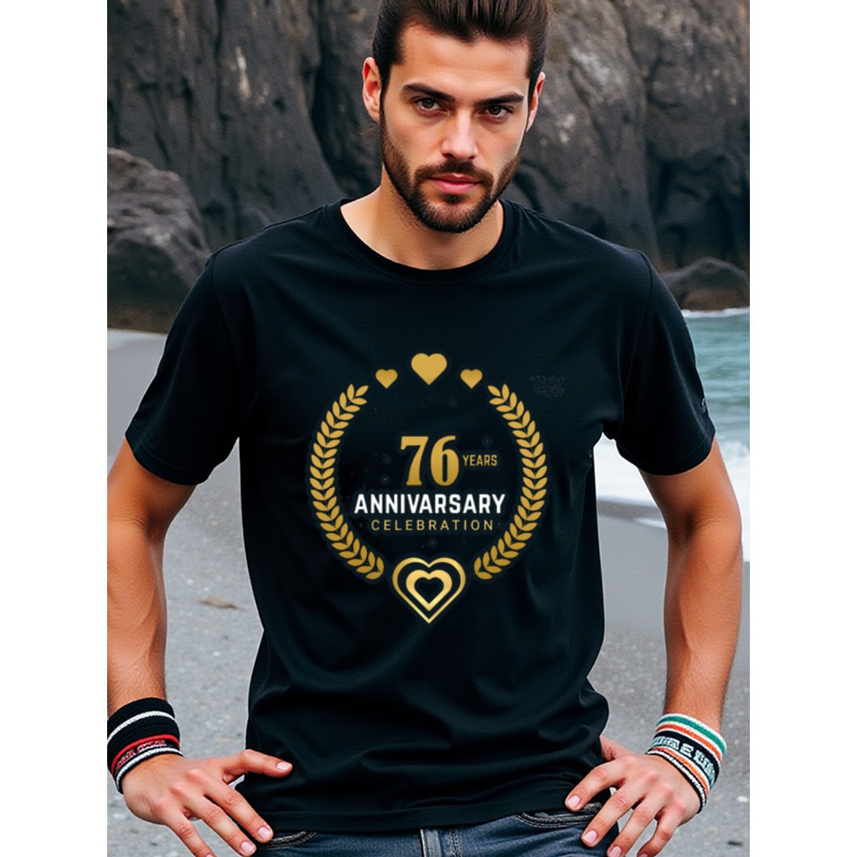 natee local warehouse clearance 76th Anniversary Celebration T-shirt - Black & Gold Hearts Design, 100% Cotton Fabric,Crew Neck,Regular Fit,Weekend Casual Wear,180gsm Family Friends Christian festival Thanksgiving Day, 男t