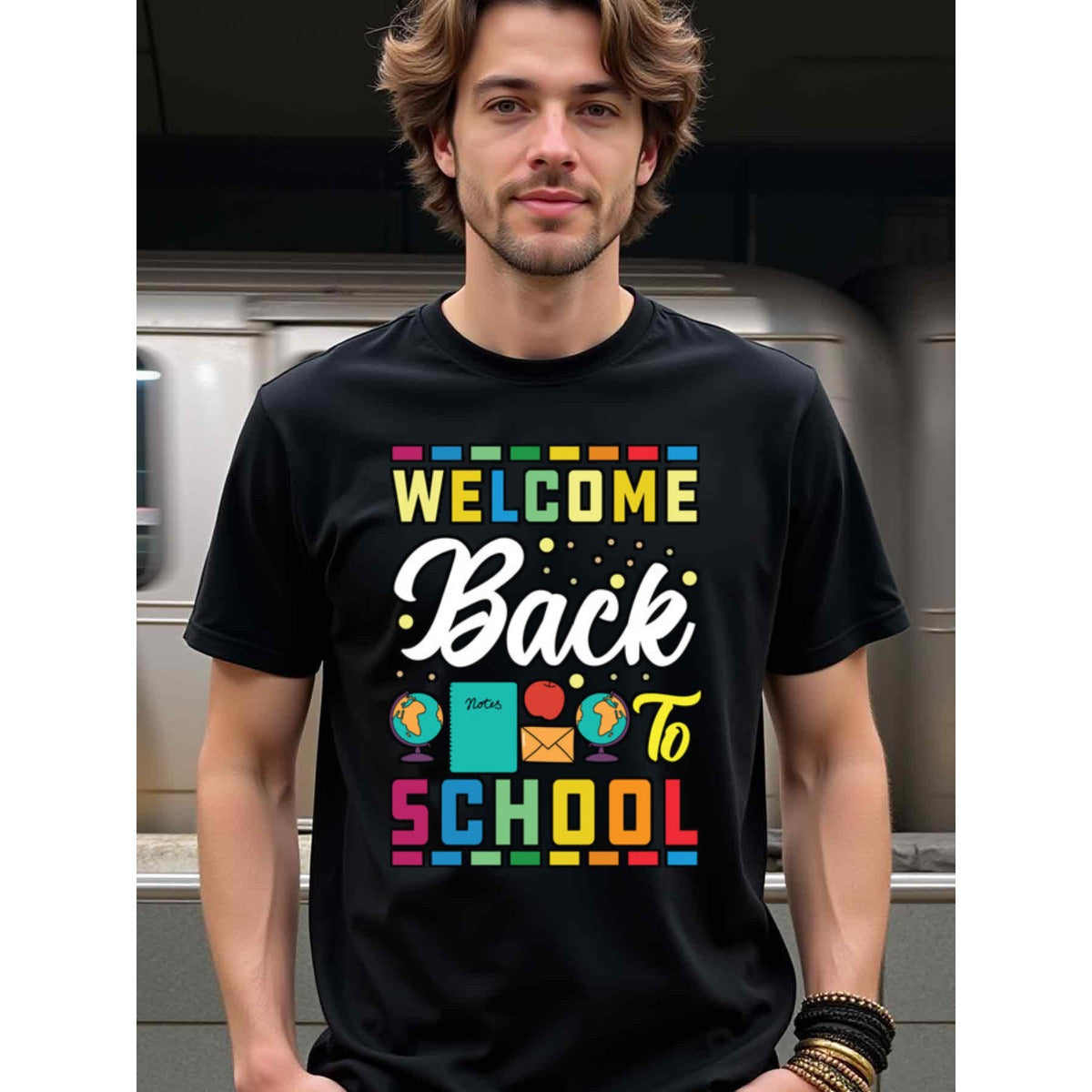 natee local warehouse clearance Back to School Welcome T-shirt for Teachers & Students, man's T-Shirt,100% Cotton Fabric,Crew Neck,Short Sleeve,Regular Fit,All-Season Casual Wear,180gsm-Ideal For Summer Holiday Gift, 男t