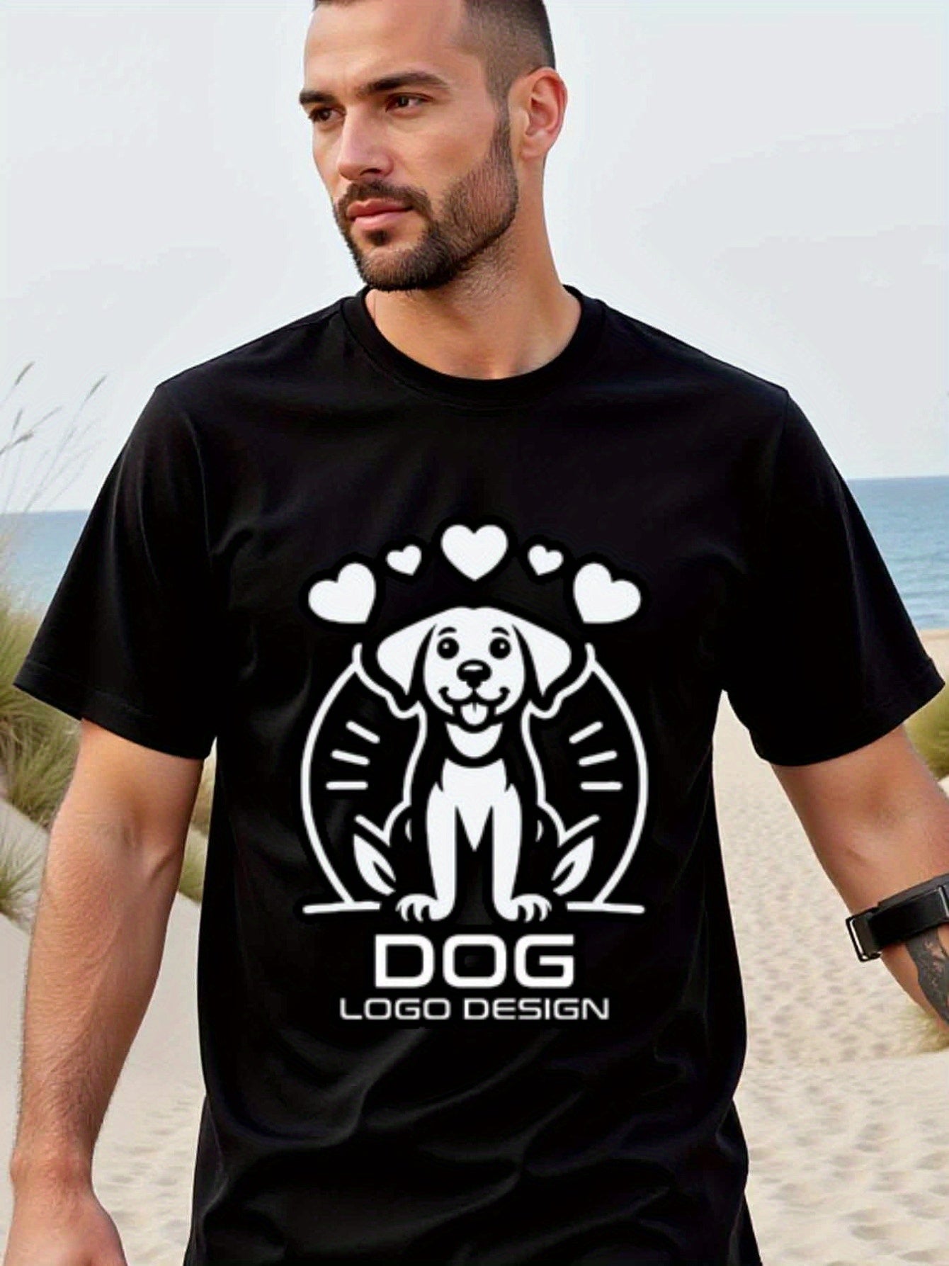 natee local warehouse clearance Adorable Dog with Hearts Logo Design Black T-shirt, man's T-Shirt,100% Cotton Fabric,Crew Neck,Short Sleeve,Regular Fit,All-Season Casual Wear,180gsm-Ideal for All Saints' Day Thanksgiving Day, 男t