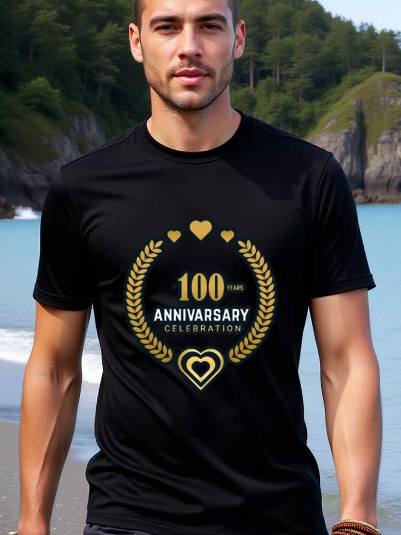 natee local warehouse clearance 100 Years Anniversary Celebration Black T-shirt, man's T-Shirt,100% Cotton Fabric,Crew Neck,Short Sleeve,Regular Fit,All-Season Casual Wear,180gsm-Ideal for Valentines Christian festival Thanksgiving Day, 男t
