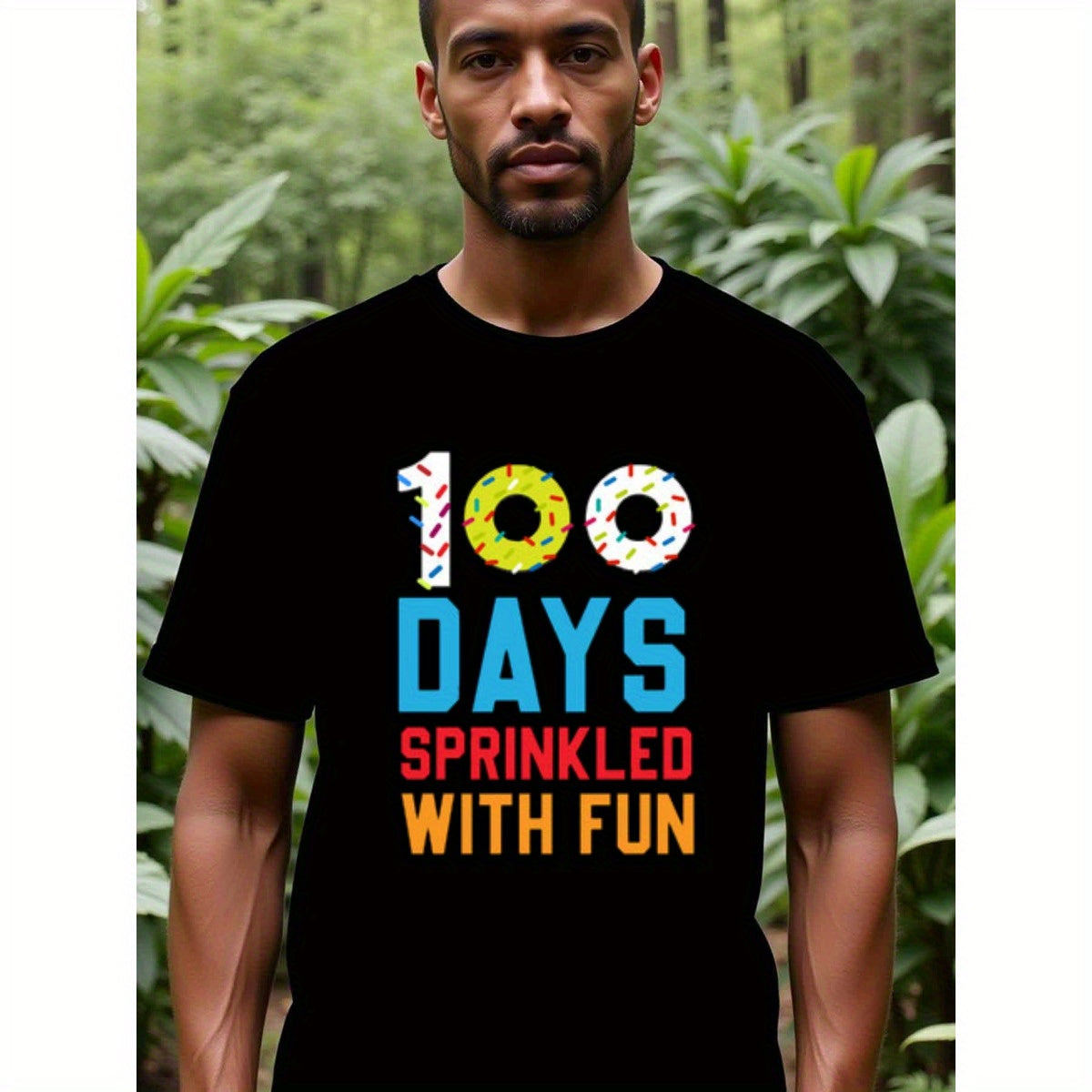 natee local warehouse clearance 100 Days Sprinkled with Fun - Donut Themed T-shirt, 100% Cotton Fabric,Crew Neck,Regular Fit,Weekend Casual Wear,180gsm Family Friends Christian festival Thanksgiving Day, 男t