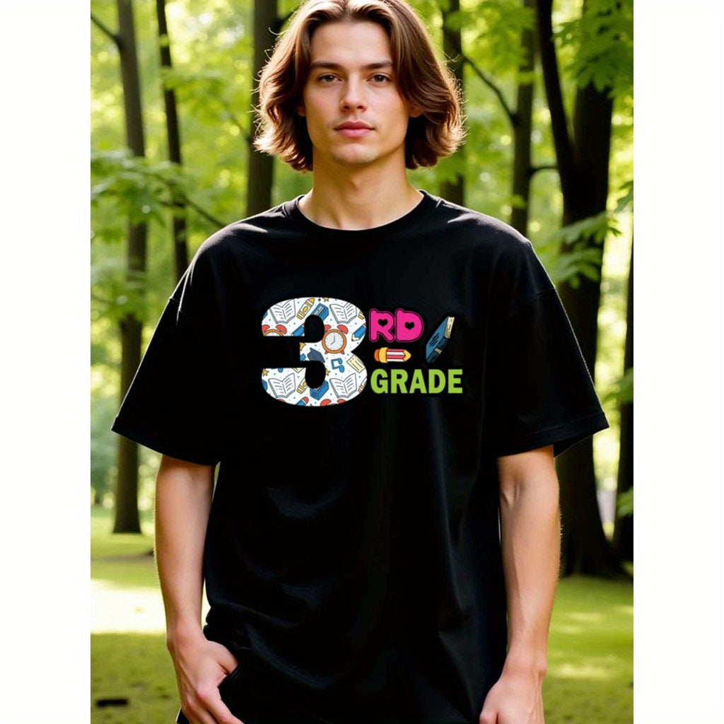 natee local warehouse clearance 3rd Grade Back-to-school Fun Black T-shirt, man's T-Shirt,100% Cotton Fabric,Crew Neck,Short Sleeve,Regular Fit,All-Season Casual Wear,180gsm-Ideal for Valentines Christian festival Thanksgiving Day, 男t