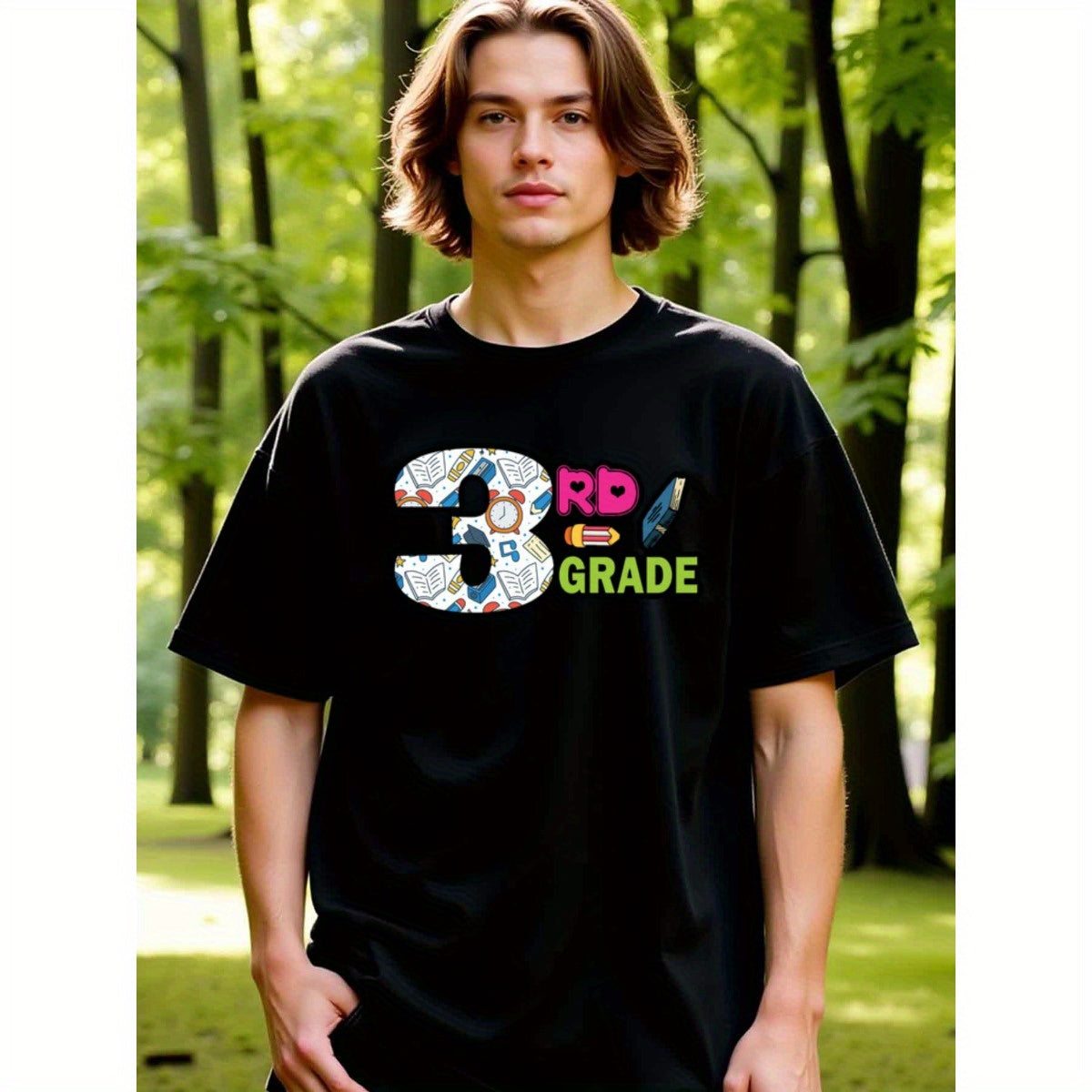 natee local warehouse clearance 3rd Grade Back-to-school Fun Black T-shirt, man's T-Shirt,100% Cotton Fabric,Crew Neck,Short Sleeve,Regular Fit,All-Season Casual Wear,180gsm-Ideal for Valentines Christian festival Thanksgiving Day, 男t