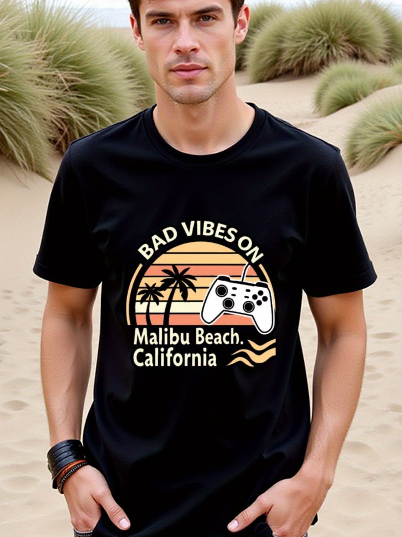 natee local warehouse clearance Bad Vibes on Malibu Beach California Retro Gaming T-shirt, 男t, 男t