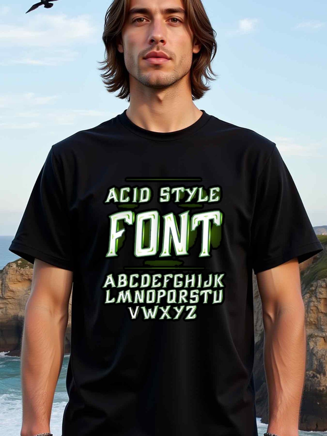 natee local warehouse clearance Acid Style Font T-shirt - Unique Lettering Design, 男t, 男t