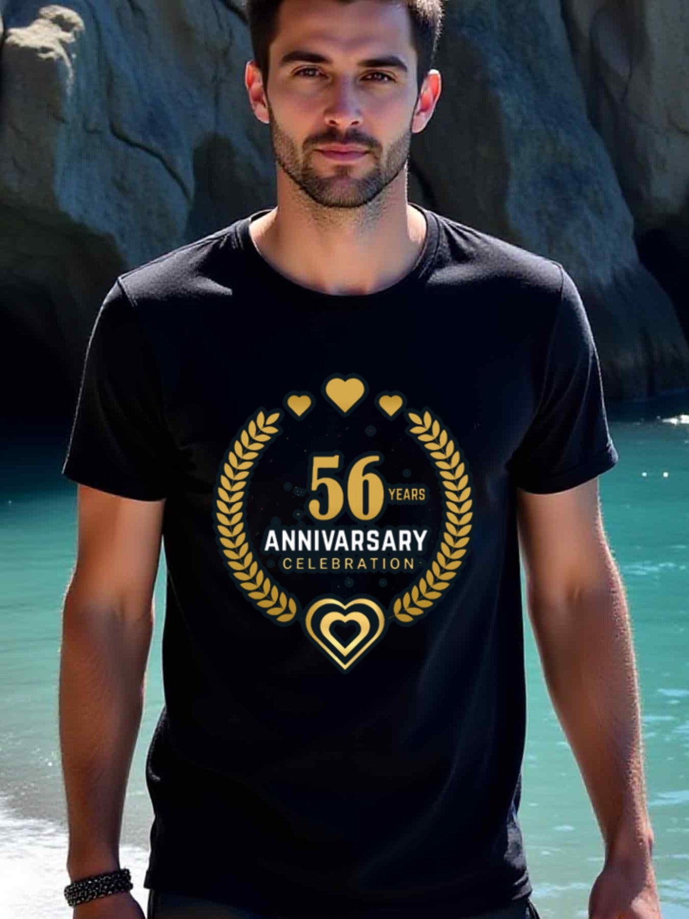 natee local warehouse clearance 56th Anniversary Celebration T-shirt - Gold Hearts & Laurels Design, man's T-Shirt,100% Cotton Fabric,Crew Neck,Short Sleeve,Regular Fit,All-Season Casual Wear,180gsm-Ideal For Summer Holiday Gift, 男t