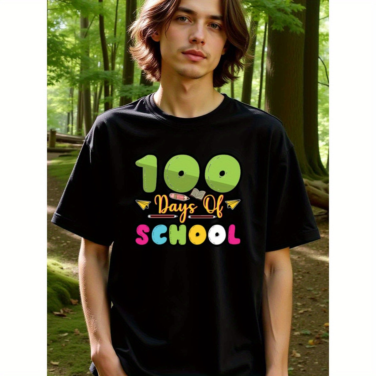 natee local warehouse clearance 100 Days of School Celebration T-shirt, man's T-Shirt,100% Cotton Fabric,Crew Neck,Short Sleeve,Regular Fit,All-Season Casual Wear,180gsm-Ideal for Valentines Christian festival Thanksgiving Day, 男t