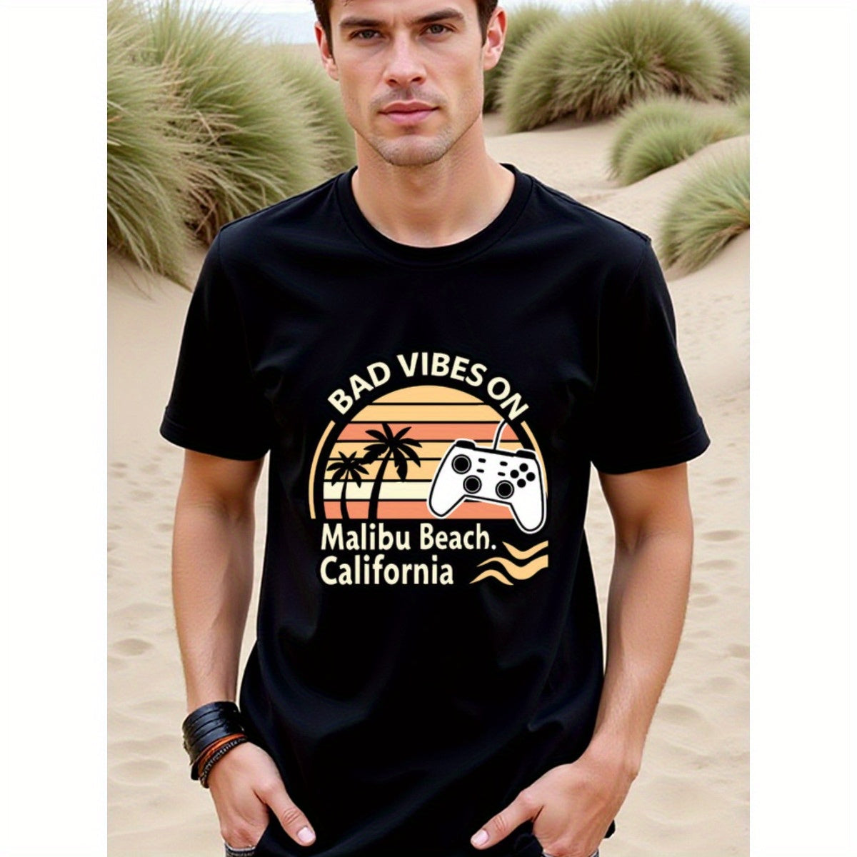 natee local warehouse clearance Bad Vibes on Malibu Beach California Gaming T-shirt, 男t