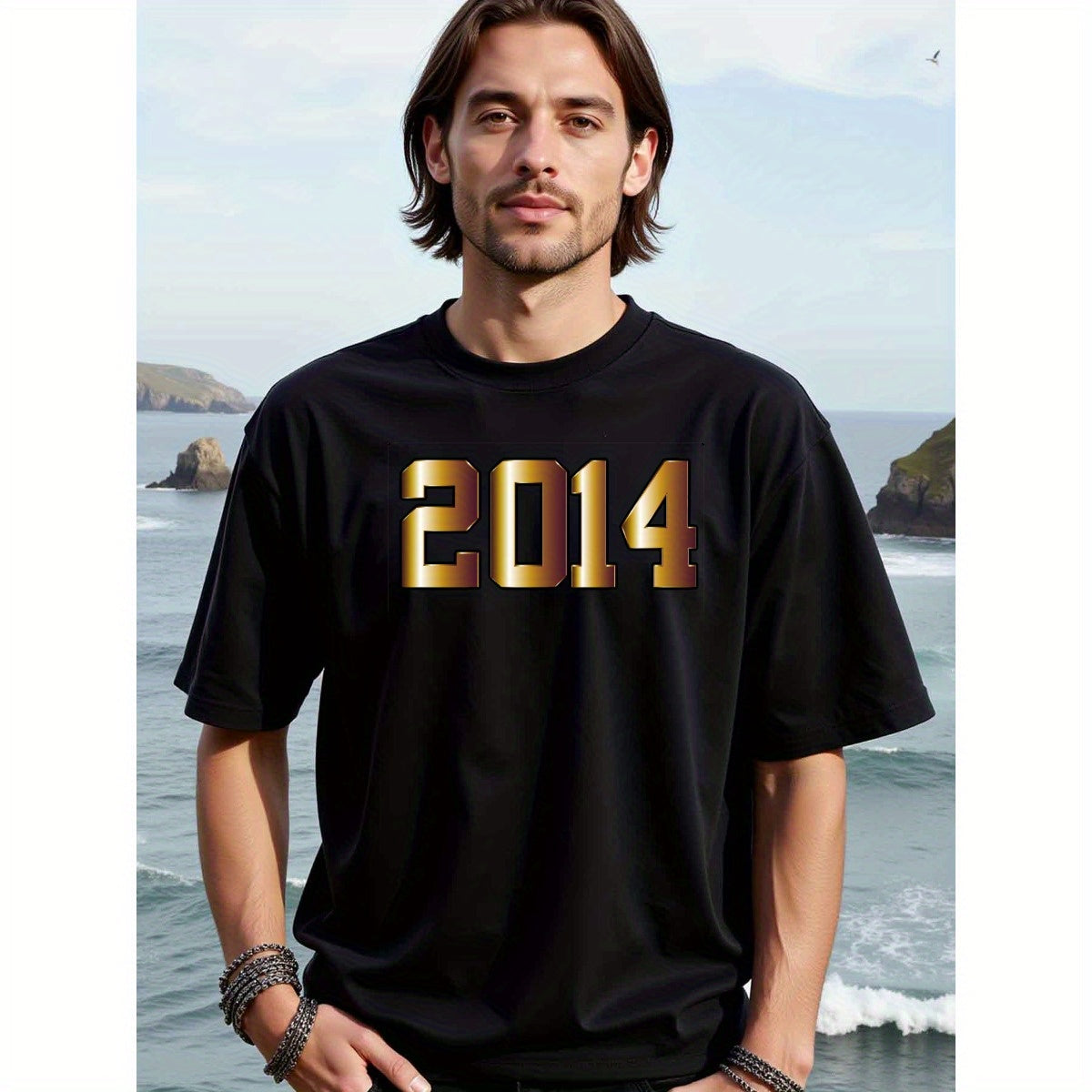 natee local warehouse clearance 2014 Year of Celebration Gold Foil Design T-shirt, man's T-Shirt,100% Cotton Fabric,Crew Neck,Short Sleeve,Regular Fit,All-Season Casual Wear,180gsm-Ideal for All Saints' Day Thanksgiving Day, 男t