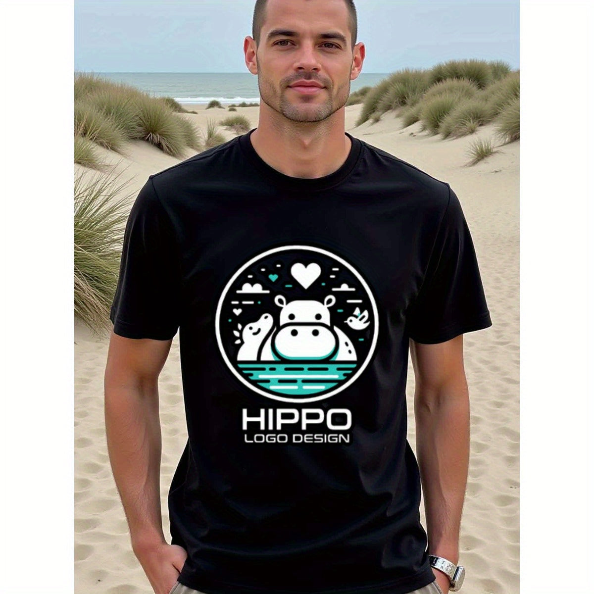 natee local warehouse clearance Adorable Hippo Logo Design Black T-shirt, man's T-Shirt,100% Cotton Fabric,Crew Neck,Short Sleeve,Regular Fit,All-Season Casual Wear,180gsm-Ideal for Valentines Christian festival Thanksgiving Day, 男t