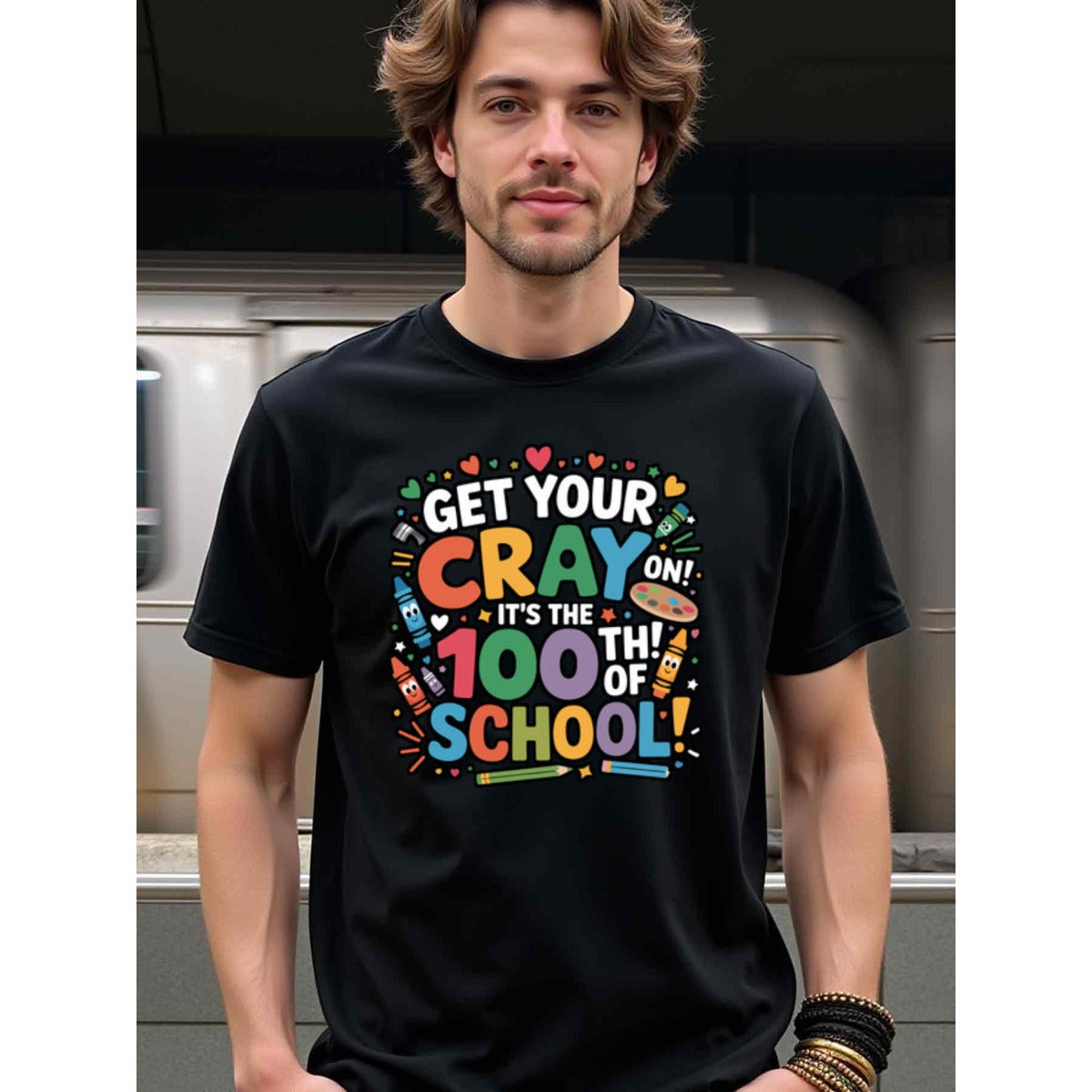 natee local warehouse clearance 100th Day of School Crayon Celebration T-shirt, man's T-Shirt,100% Cotton Fabric,Crew Neck,Short Sleeve,Regular Fit,All-Season Casual Wear,180gsm-Ideal for Valentines Christian festival Thanksgiving Day, 男t