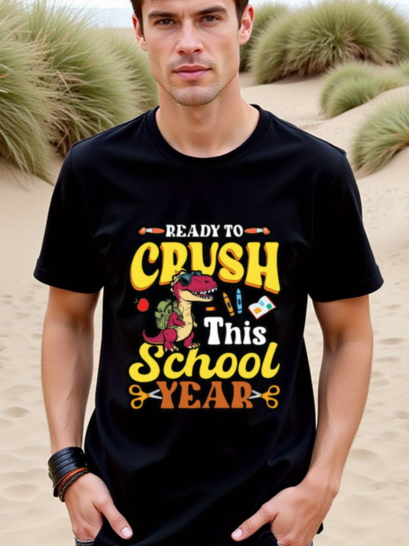 natee local warehouse clearance Back-to-school Dinosaur T-shirt: Crush This Year!, man's T-Shirt,100% Cotton Fabric,Crew Neck,Short Sleeve,Regular Fit,All-Season Casual Wear,180gsm-Ideal for All Saints' Day Thanksgiving Day, 男t