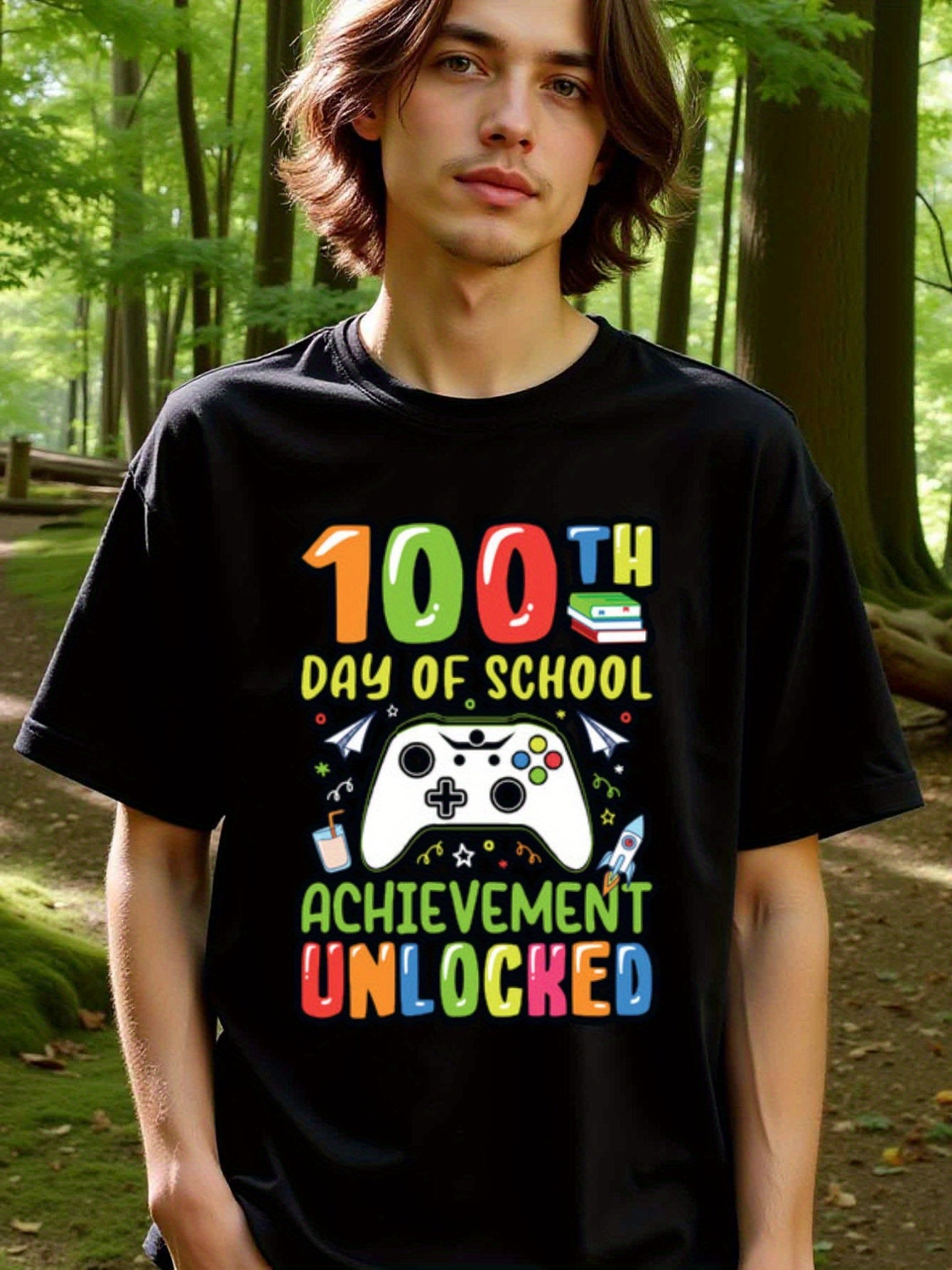 natee local warehouse clearance 100th Day of School: Achievement Unlocked Gamer T-shirt, 100% Cotton Fabric,Crew Neck,Short Sleeve,Regular Fit,All-season casual wear for man and teens-perfect for running, hiking, the beach, and parties Christian festival