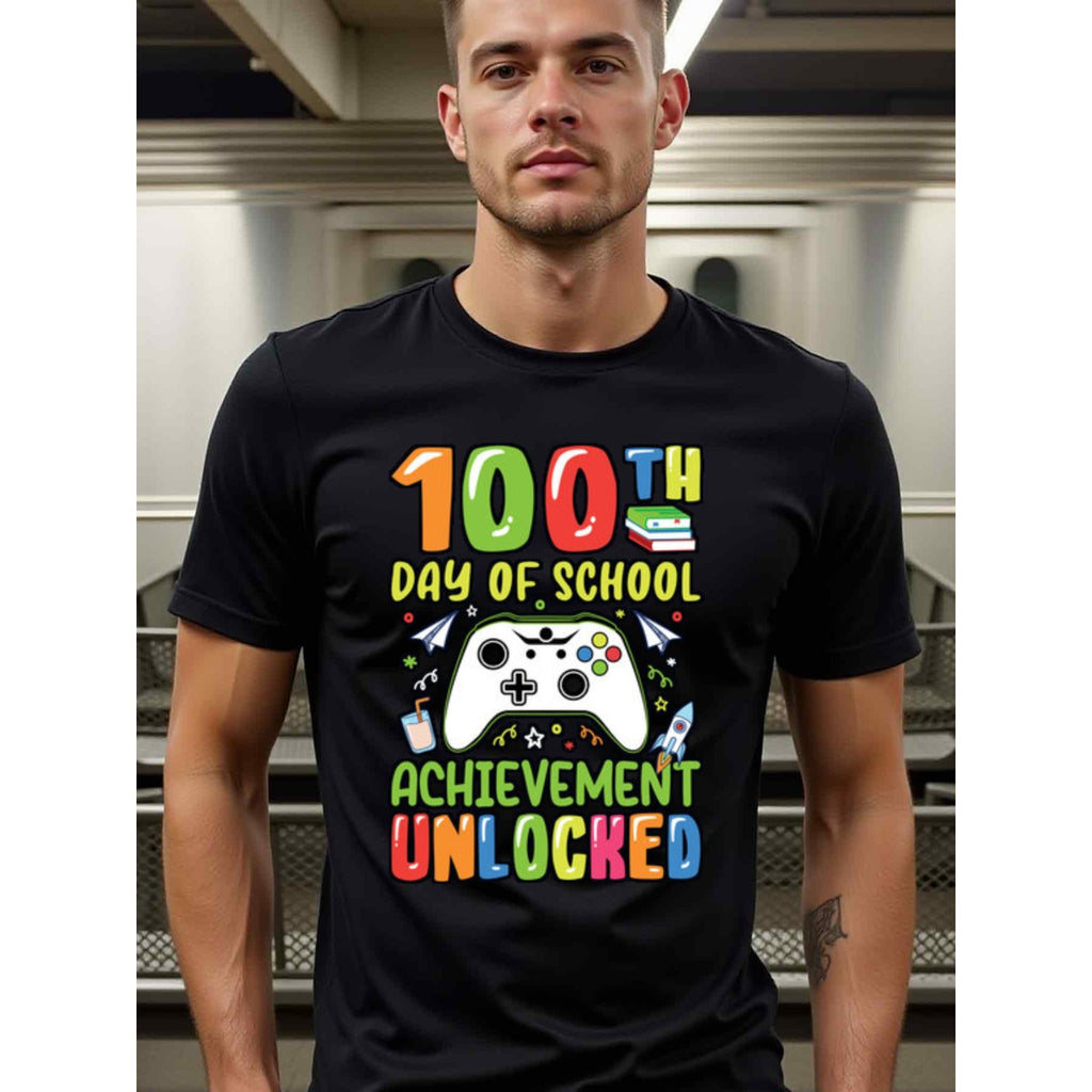 natee local warehouse clearance 100th Day of School: Achievement Unlocked Gamer Shirt, 100% Cotton Fabric,Crew Neck,Short Sleeve,Regular Fit,All-season casual wear for man and teens-perfect for running, hiking, the beach, and parties Christian festival Th