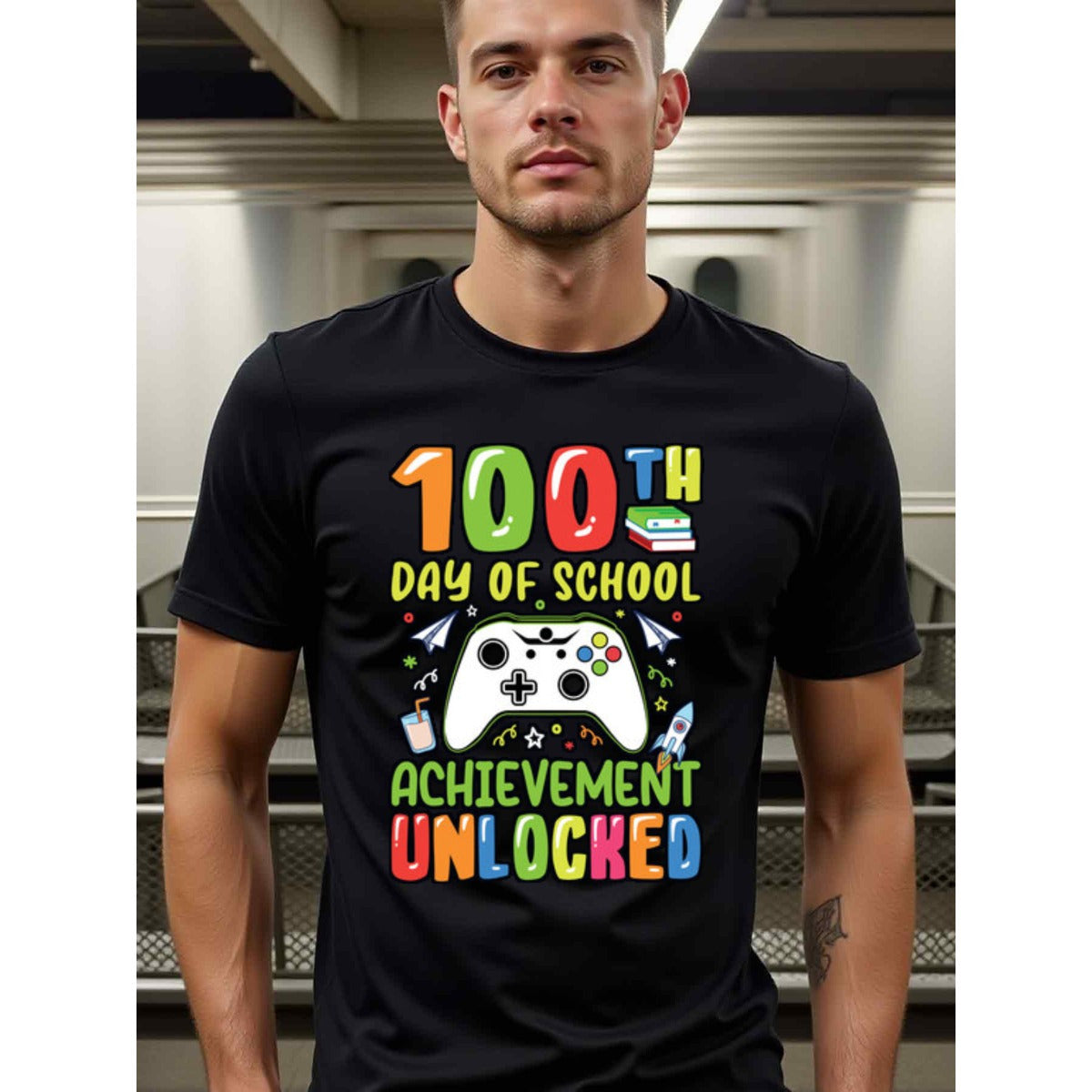 natee local warehouse clearance 100th Day of School: Achievement Unlocked Gamer Shirt, 100% Cotton Fabric,Crew Neck,Short Sleeve,Regular Fit,All-season casual wear for man and teens-perfect for running, hiking, the beach, and parties Christian festival Th