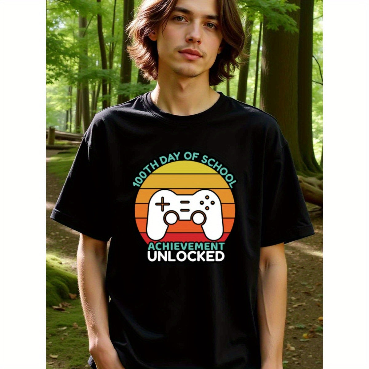 natee local warehouse clearance 100th Day of School: Achievement Unlocked Gamer T-shirt, man's T-Shirt,100% Cotton Fabric,Crew Neck,Short Sleeve,Regular Fit,All-Season Casual Wear,180gsm-Ideal For Summer Holiday Gift, 男t