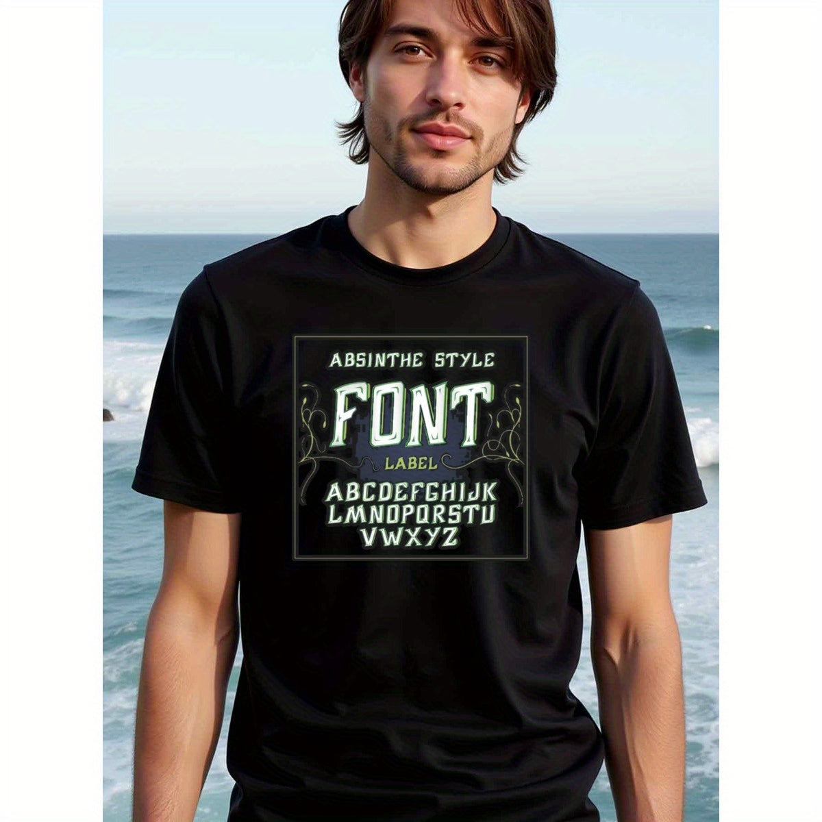 natee local warehouse clearance Absinthe Style Font Label T-shirt, 100% Cotton Fabric,Crew Neck,Short Sleeve,Regular Fit,All-season casual wear for man and teens-perfect for running, hiking, the beach, and parties Christian festival Thanksgiving Day, 男t