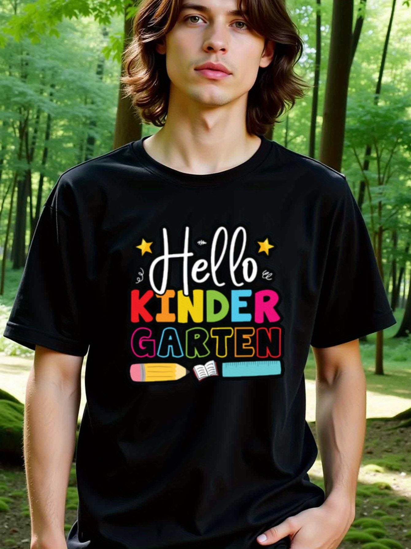 natee local warehouse clearance Back to School Hello Kindergarten Graphic Tee, man's T-Shirt,100% Cotton Fabric,Crew Neck,Short Sleeve,Regular Fit,All-Season Casual Wear,180gsm-Ideal for Valentines Christian festival Thanksgiving Day, 男t