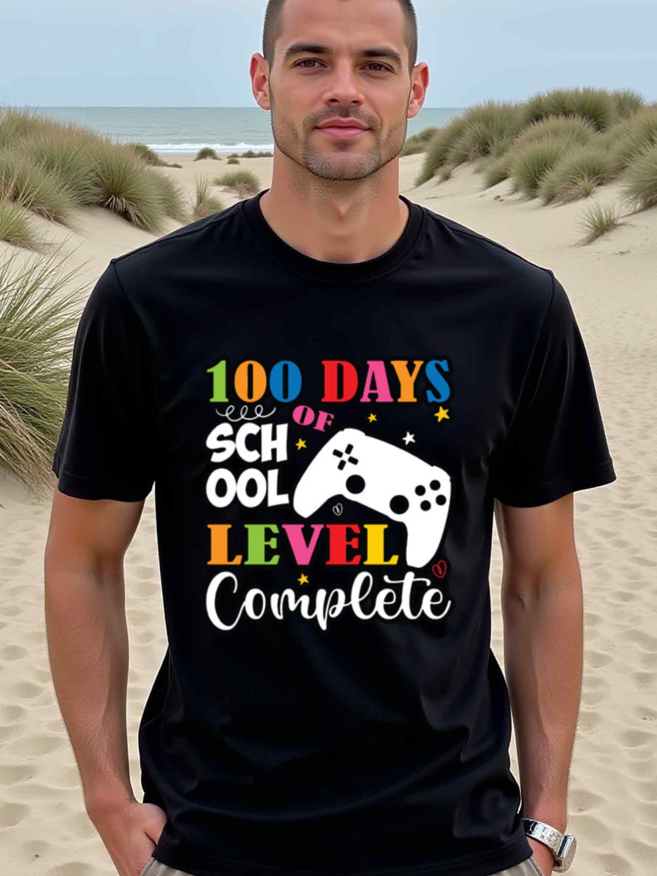 natee local warehouse clearance 100 Days of School Level Complete Gamer T-shirt, man's T-Shirt,100% Cotton Fabric,Crew Neck,Short Sleeve,Regular Fit,All-Season Casual Wear,180gsm-Ideal for Valentines Christian festival Thanksgiving Day, 男t