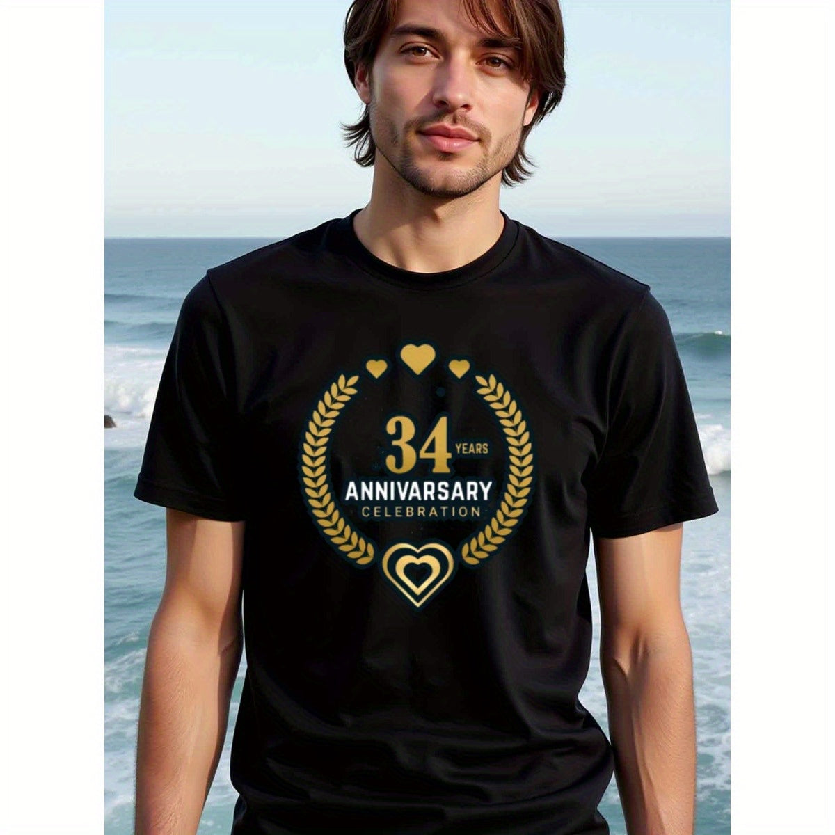 natee local warehouse clearance 34th Anniversary Celebration T-shirt - Black, man's T-Shirt,100% Cotton Fabric,Crew Neck,Short Sleeve,Regular Fit,All-Season Casual Wear,180gsm-Ideal for Valentines Christian festival Thanksgiving Day, 男t