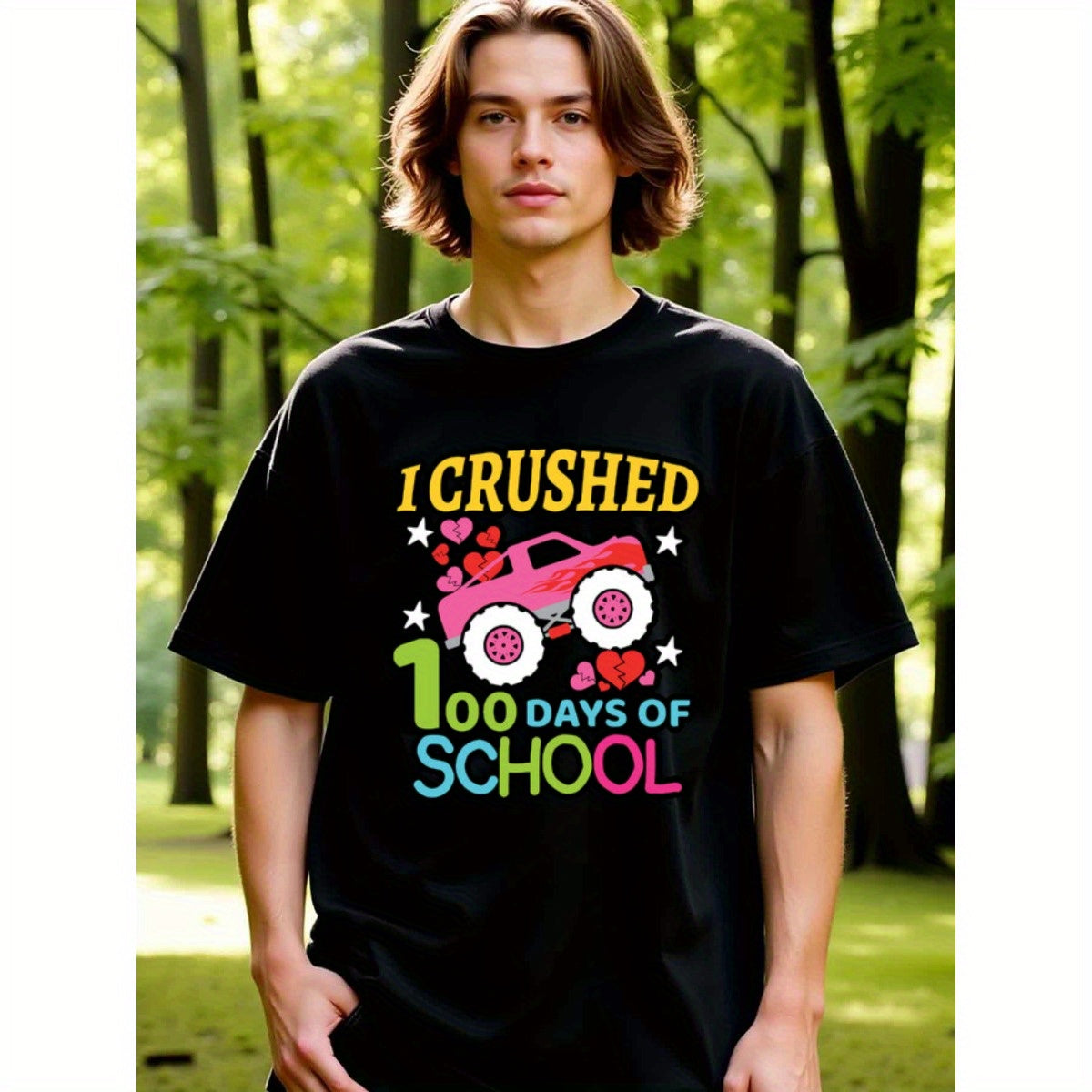 natee local warehouse clearance 100 Days of School Monster Truck Shirt - Kids 100th Day of School Gift, man's T-Shirt,100% Cotton Fabric,Crew Neck,Short Sleeve,Regular Fit,All-Season Casual Wear,180gsm-Ideal for Valentines Christian festival Thanksgiving