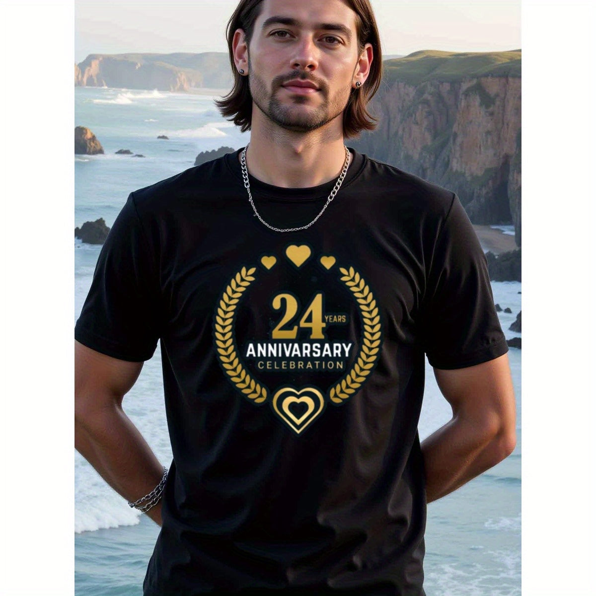 natee local warehouse clearance 24th Anniversary Celebration T-shirt - Black, man's T-Shirt,100% Cotton Fabric,Crew Neck,Short Sleeve,Regular Fit,All-Season Casual Wear,180gsm-Ideal for Valentines Christian festival Thanksgiving Day, 男t