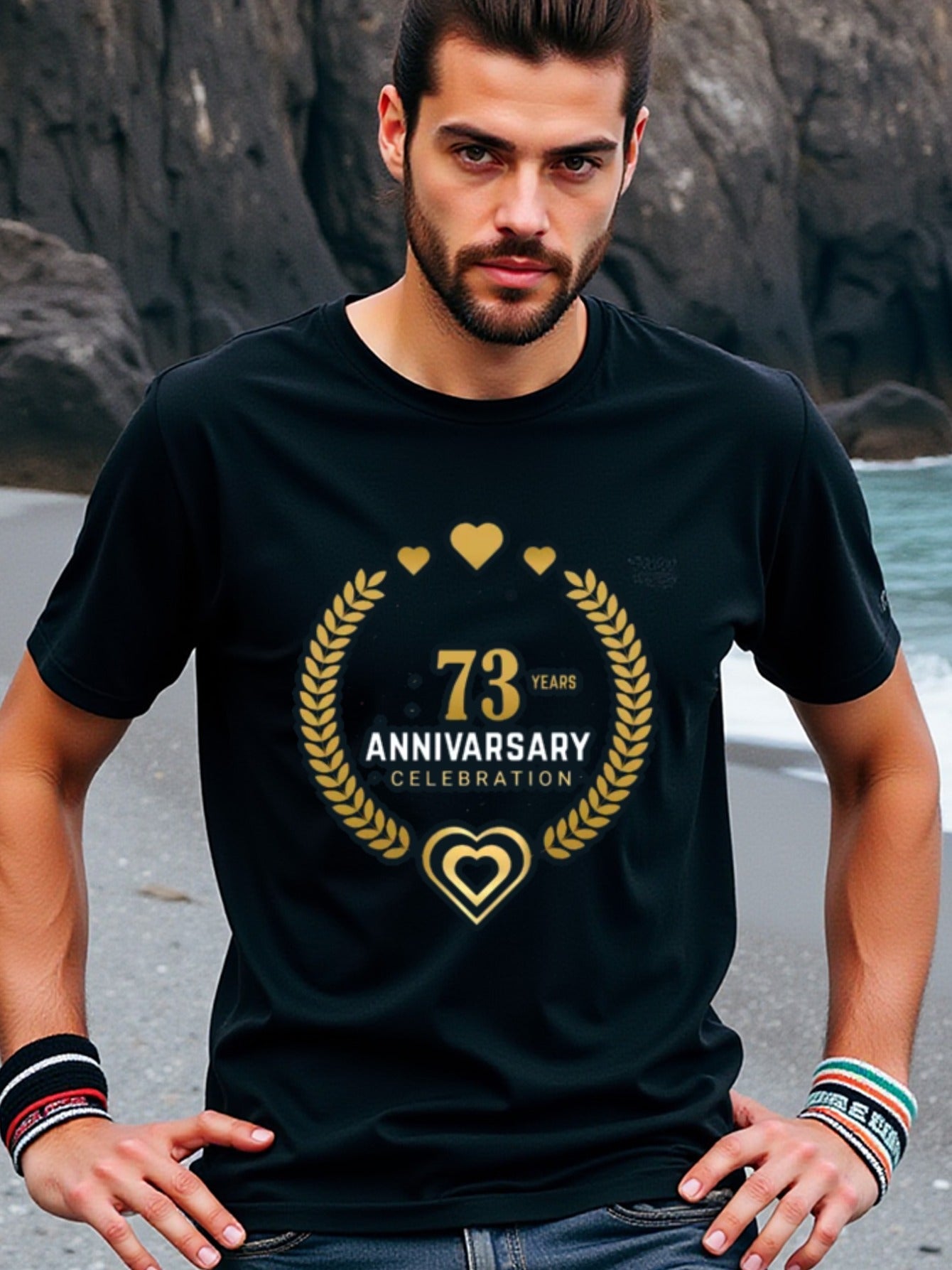 natee local warehouse clearance 73rd Anniversary Celebration T-shirt - Black & Gold Hearts Design, man's T-Shirt,100% Cotton Fabric,Crew Neck,Short Sleeve,Regular Fit,All-Season Casual Wear,180gsm-Ideal For Summer Holiday Gift, 男t