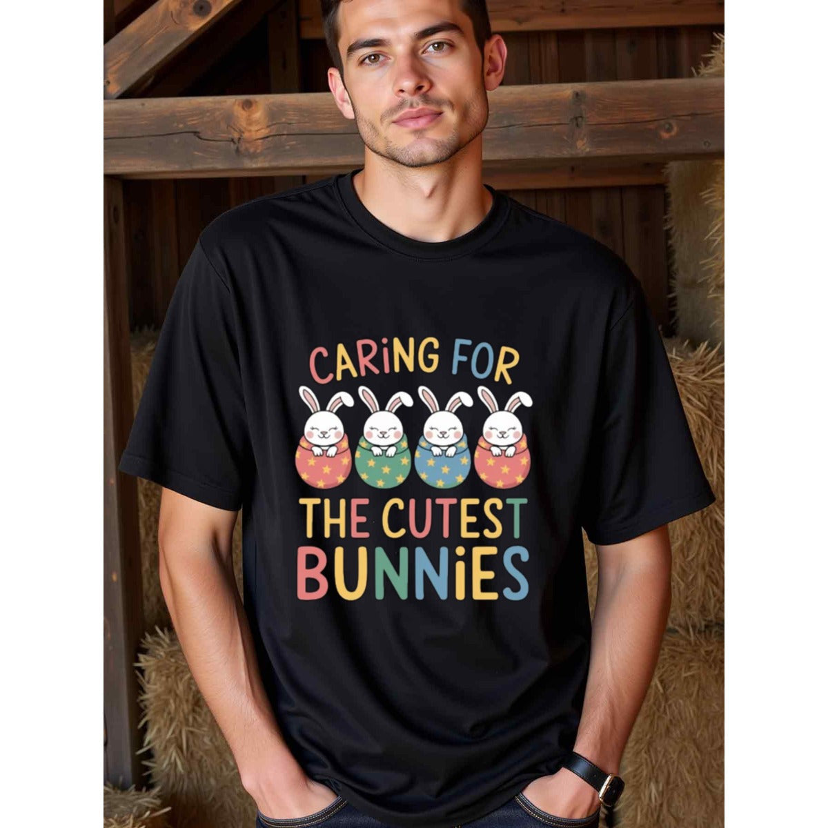 natee local warehouse clearance Adorable Easter Bunny Shirt: Caring for the Cutest Bunnies, man's T-Shirt,100% Cotton Fabric,Crew Neck,Short Sleeve,Regular Fit,All-Season Casual Wear,180gsm-Ideal for All Saints' Day Thanksgiving Day,