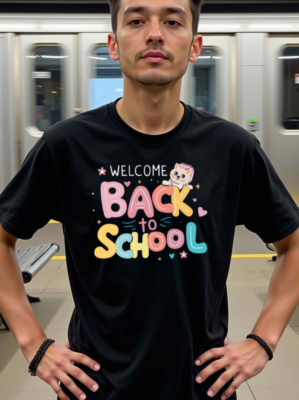 natee local warehouse clearance Back to School Welcome T-shirt with Cute Cat Design, man's T-Shirt,100% Cotton Fabric,Crew Neck,Short Sleeve,Regular Fit,All-Season Casual Wear,180gsm-Ideal For Summer Holiday Gift, 男t