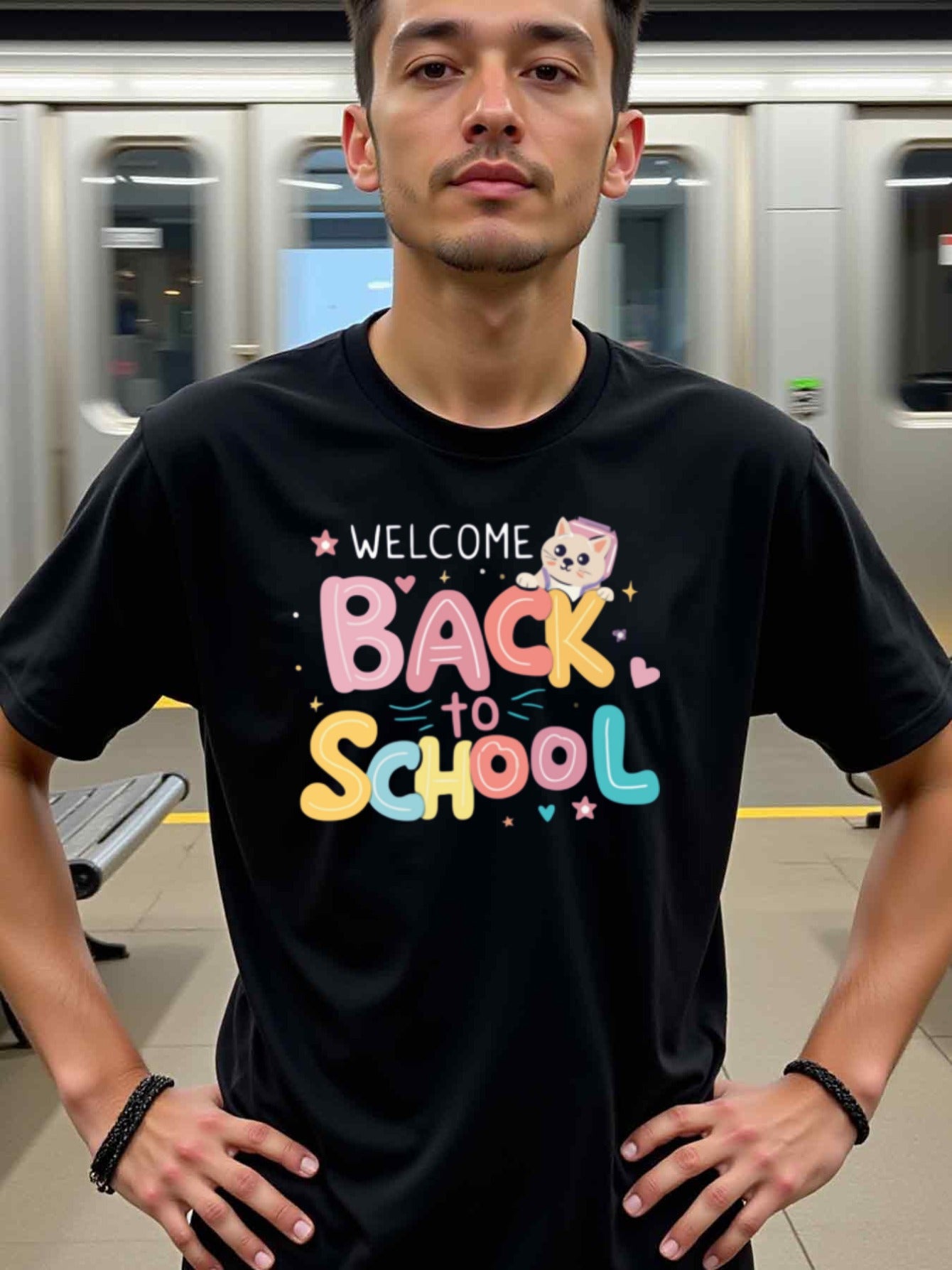 natee local warehouse clearance Back to School Welcome T-shirt with Cute Cat Design, man's T-Shirt,100% Cotton Fabric,Crew Neck,Short Sleeve,Regular Fit,All-Season Casual Wear,180gsm-Ideal For Summer Holiday Gift, 男t