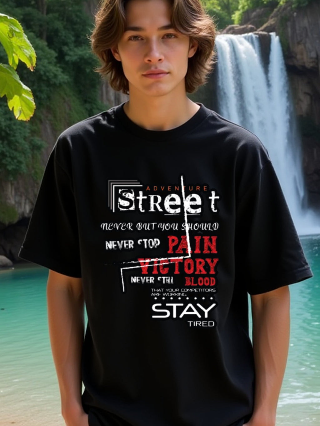 natee local warehouse clearance Adventure Street: Stay Tired, Never Stop, Pain Victory Blood, 100% Cotton Fabric,Crew Neck,Regular Fit,Weekend Casual Wear,180gsm Family Friends Christian festival Thanksgiving Day, 男t