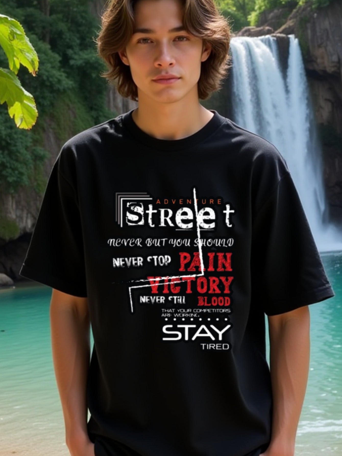 natee local warehouse clearance Adventure Street: Stay Tired, Never Stop, Pain Victory Blood, 100% Cotton Fabric,Crew Neck,Regular Fit,Weekend Casual Wear,180gsm Family Friends Christian festival Thanksgiving Day, 男t