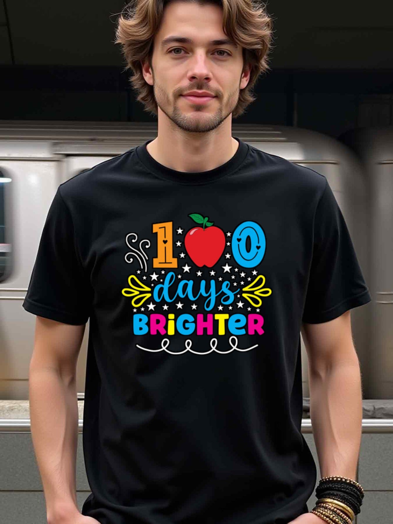 natee local warehouse clearance 100 Days Brighter - Colorful Apple Design T-shirt, 100% Cotton Fabric,Crew Neck,Short Sleeve,Regular Fit,All-season casual wear for man and teens-perfect for running, hiking, the beach, and parties Christian festival Thanks