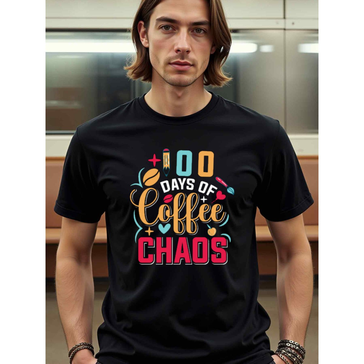natee local warehouse clearance 100 Days of Coffee Chaos - Funny Coffee Lovers T-shirt, man's T-Shirt,100% Cotton Fabric,Crew Neck,Short Sleeve,Regular Fit,All-Season Casual Wear,180gsm-Ideal for Valentines Christian festival Thanksgiving Day, 男t
