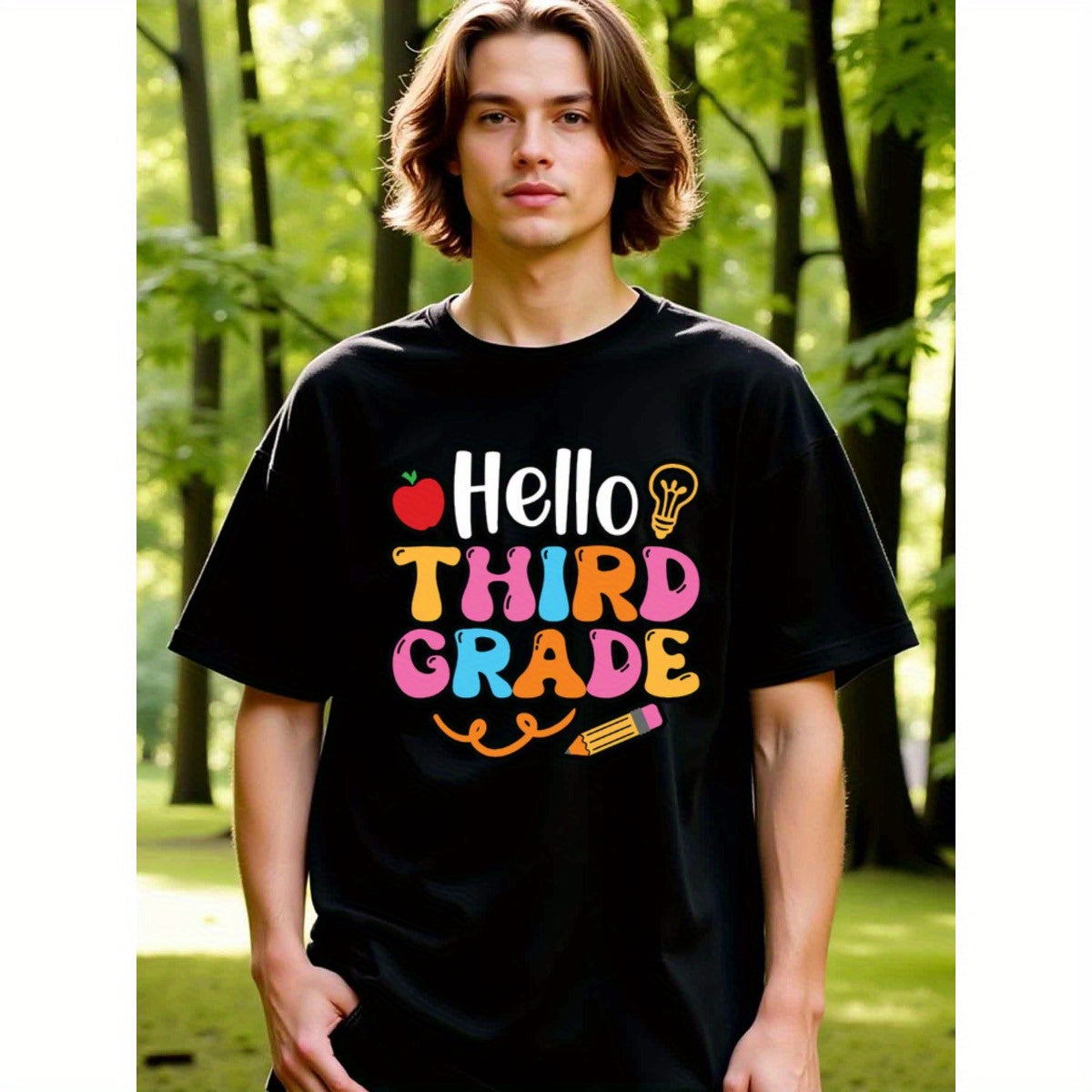 natee local warehouse clearance Back-to-school Hello Third Grade Graphic Tee, 男t