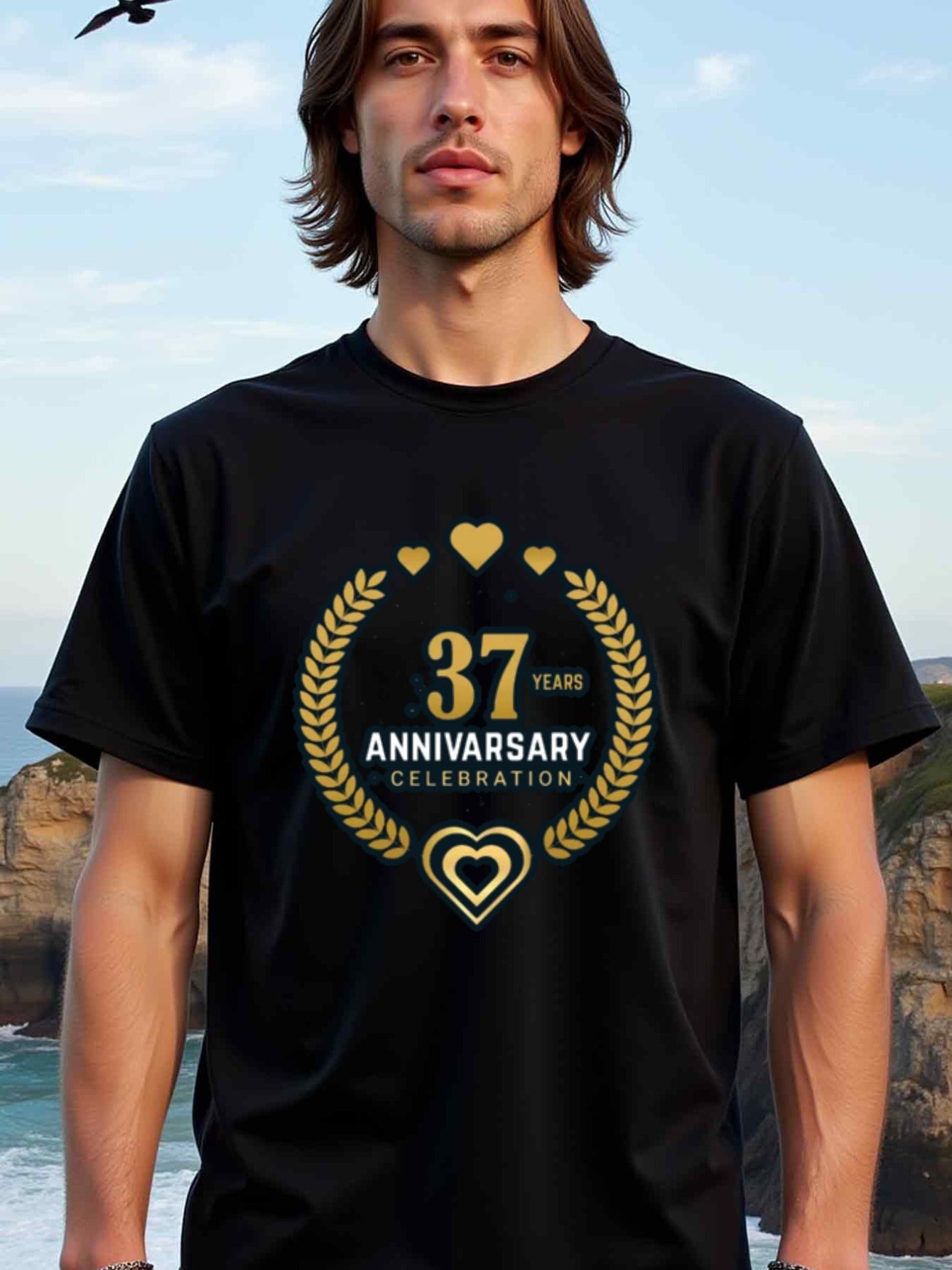 natee local warehouse clearance 37th Anniversary Celebration T-shirt - Gold Hearts & Laurels Design, 100% Cotton Fabric,Crew Neck,Regular Fit,Weekend Casual Wear,180gsm Family Friends Christian festival Thanksgiving Day, 男t