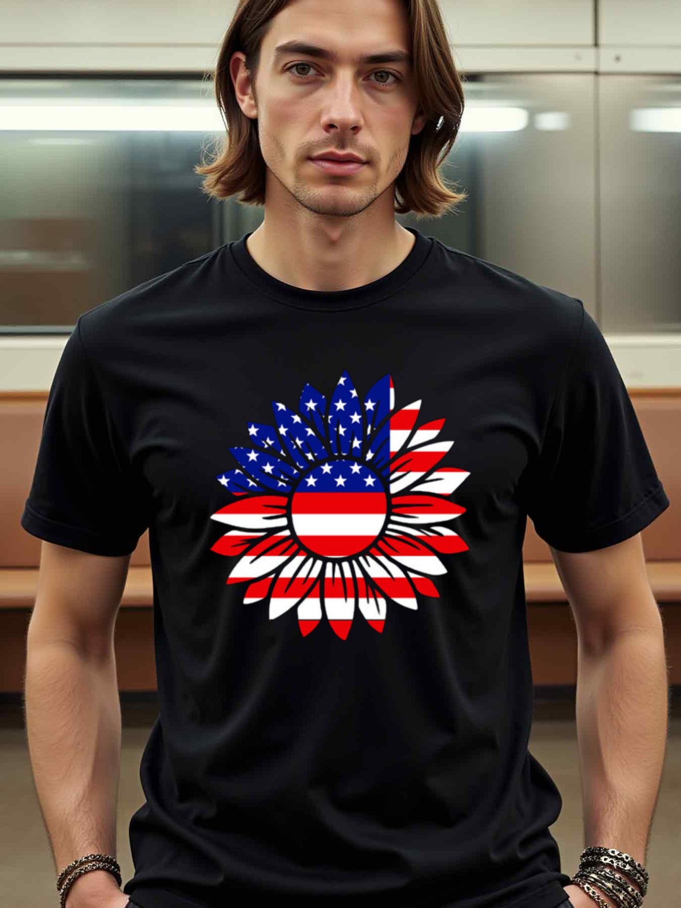 natee local warehouse clearance American Flag Sunflower Patriotic T-shirt, 100% Cotton Fabric,Crew Neck,Regular Fit,Weekend Casual Wear,180gsm Family Friends Christian festival Thanksgiving Day, 男t