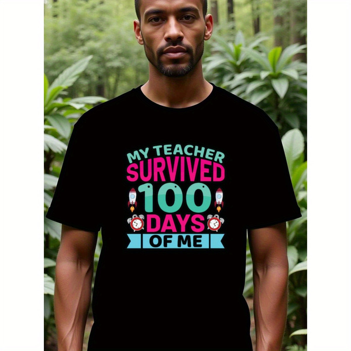 natee local warehouse clearance 100 Days of School Teacher Survival T-shirt, man's T-Shirt,100% Cotton Fabric,Crew Neck,Short Sleeve,Regular Fit,All-Season Casual Wear,180gsm-Ideal For Summer Holiday Gift, 男t