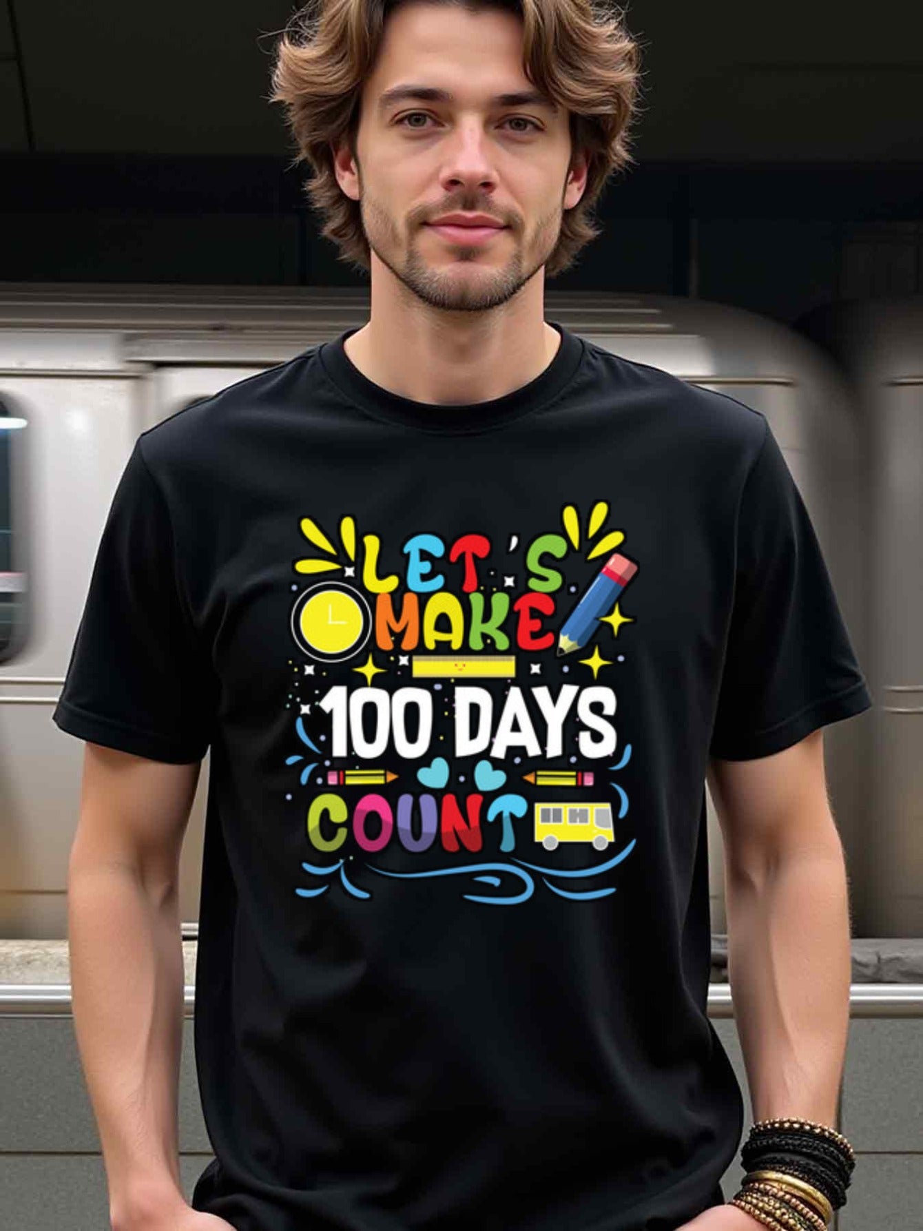 natee local warehouse clearance 100 Days of School Celebration T-shirt, man's T-Shirt,100% Cotton Fabric,Crew Neck,Short Sleeve,Regular Fit,All-Season Casual Wear,180gsm-Ideal for All Saints' Day Thanksgiving Day, 男t