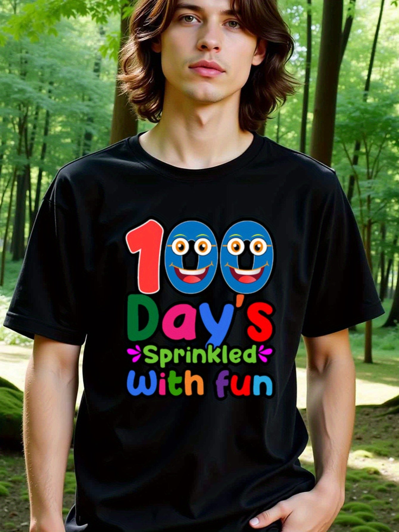 natee local warehouse clearance 100 Days Sprinkled with Fun - Colorful Kids T-shirt, man's T-Shirt,100% Cotton Fabric,Crew Neck,Short Sleeve,Regular Fit,All-Season Casual Wear,180gsm-Ideal for Valentines Christian festival Thanksgiving Day, 男t
