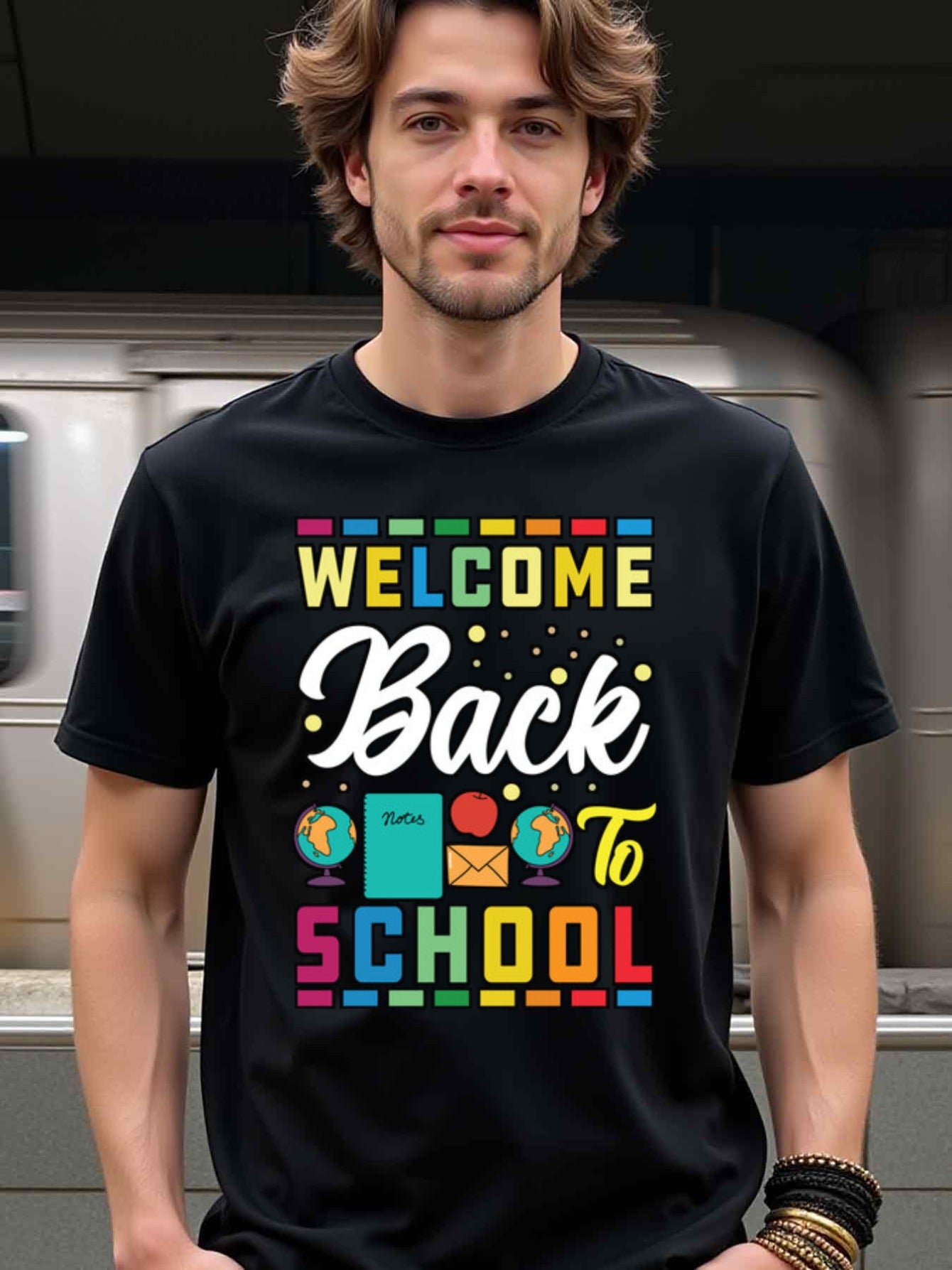 natee local warehouse clearance Back to School Welcome T-shirt for Teachers & Students, man's T-Shirt,100% Cotton Fabric,Crew Neck,Short Sleeve,Regular Fit,All-Season Casual Wear,180gsm-Ideal For Summer Holiday Gift, 男t