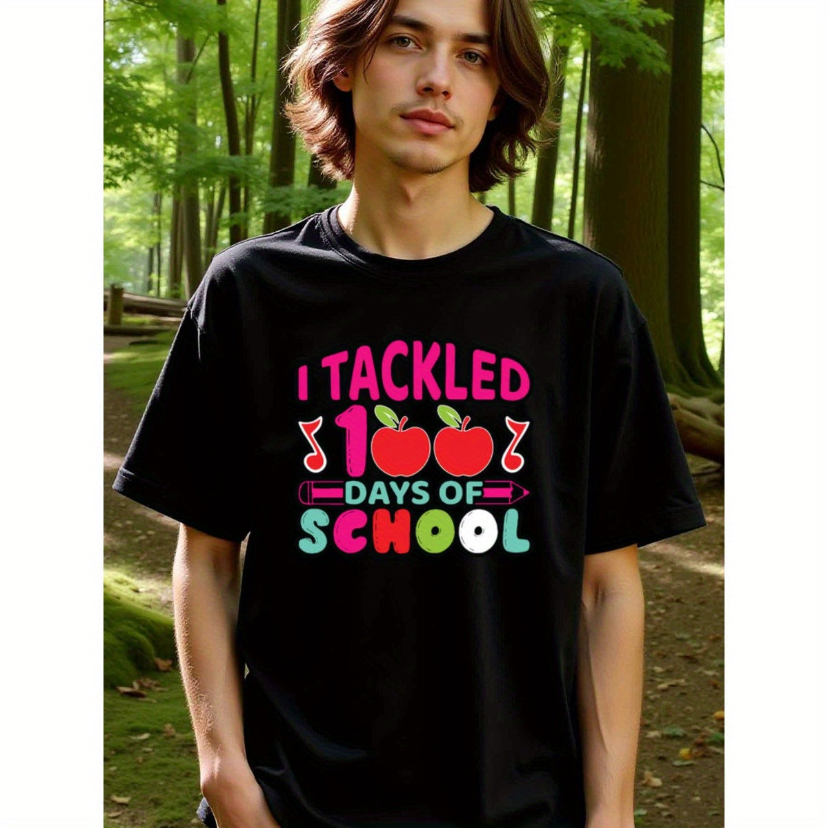 natee local warehouse clearance 100 Days of School Tackle Celebration T-shirt, 100% Cotton Fabric,Crew Neck,Regular Fit,Weekend Casual Wear,180gsm Family Friends Christian festival Thanksgiving Day, 男t