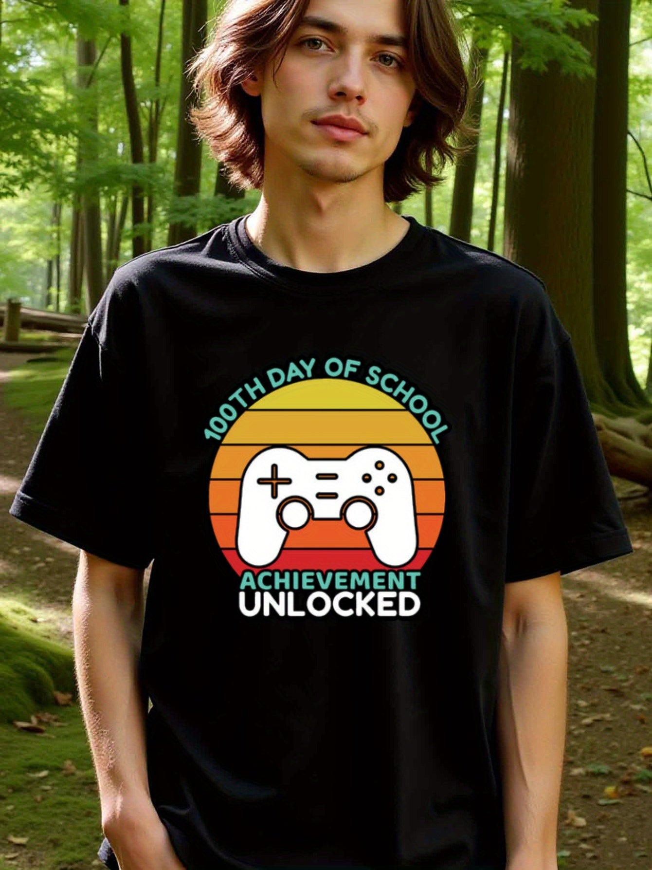 natee local warehouse clearance 100th Day of School: Achievement Unlocked Gamer T-shirt, man's T-Shirt,100% Cotton Fabric,Crew Neck,Short Sleeve,Regular Fit,All-Season Casual Wear,180gsm-Ideal For Summer Holiday Gift, 男t