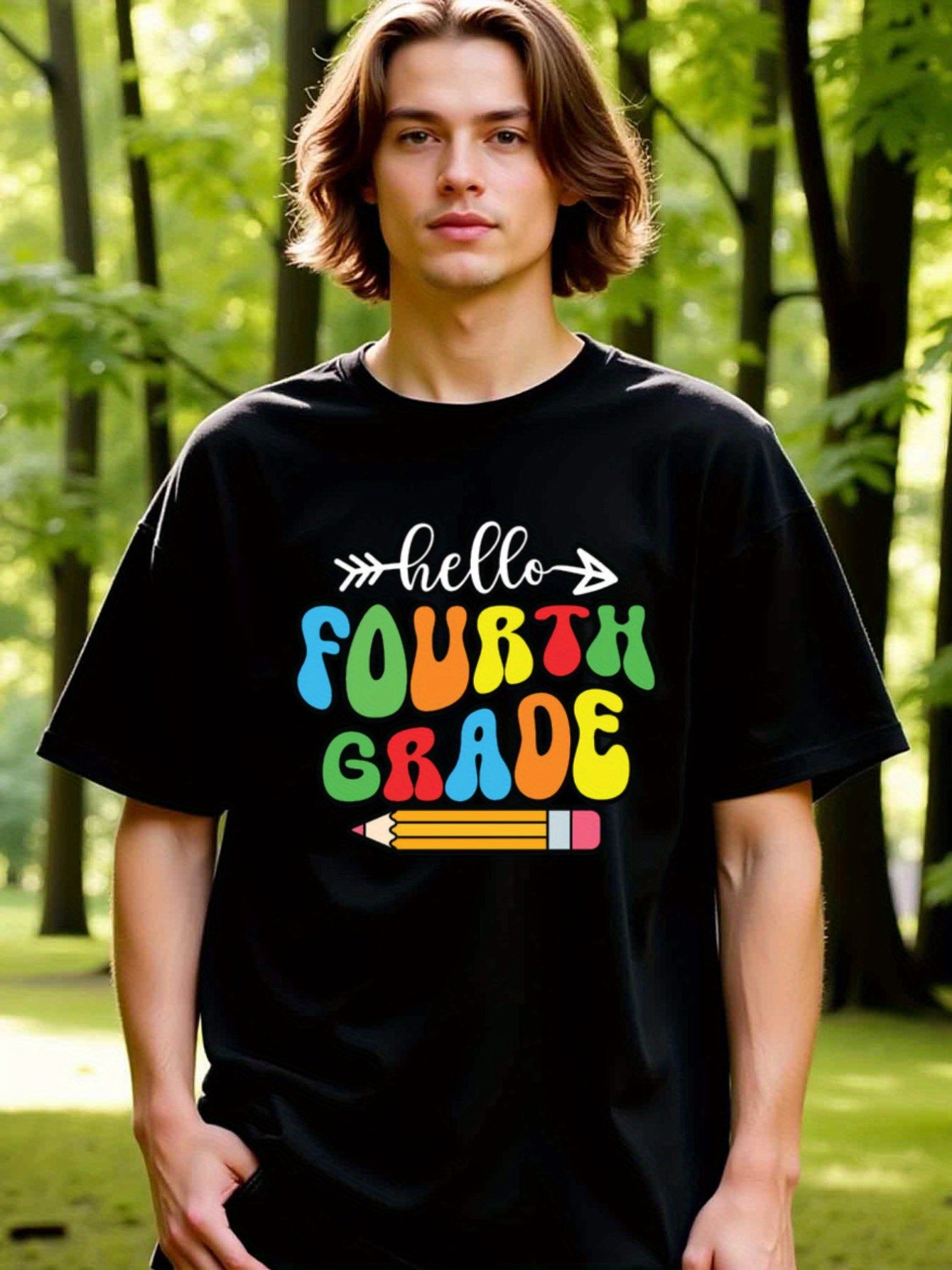 natee local warehouse clearance Back-to-school Hello Fourth Grade Graphic Tee, man's T-Shirt,100% Cotton Fabric,Crew Neck,Short Sleeve,Regular Fit,All-Season Casual Wear,180gsm-Ideal for Valentines Christian festival Thanksgiving Day, 男t