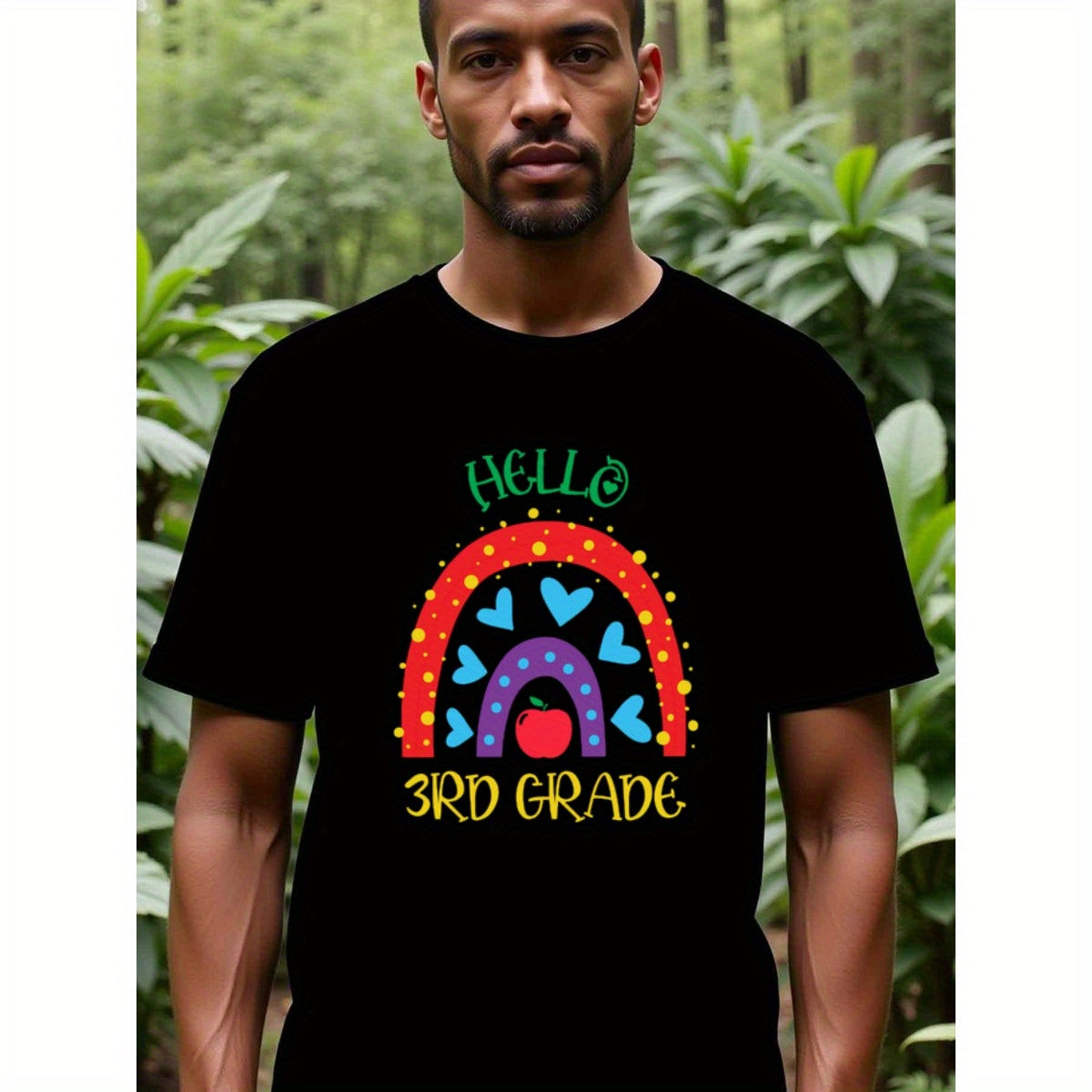 natee local warehouse clearance Back to School Rainbow Hello 3rd Grade T-shirt, man's T-Shirt,100% Cotton Fabric,Crew Neck,Short Sleeve,Regular Fit,All-Season Casual Wear,180gsm-Ideal For Summer Holiday Gift, 男t