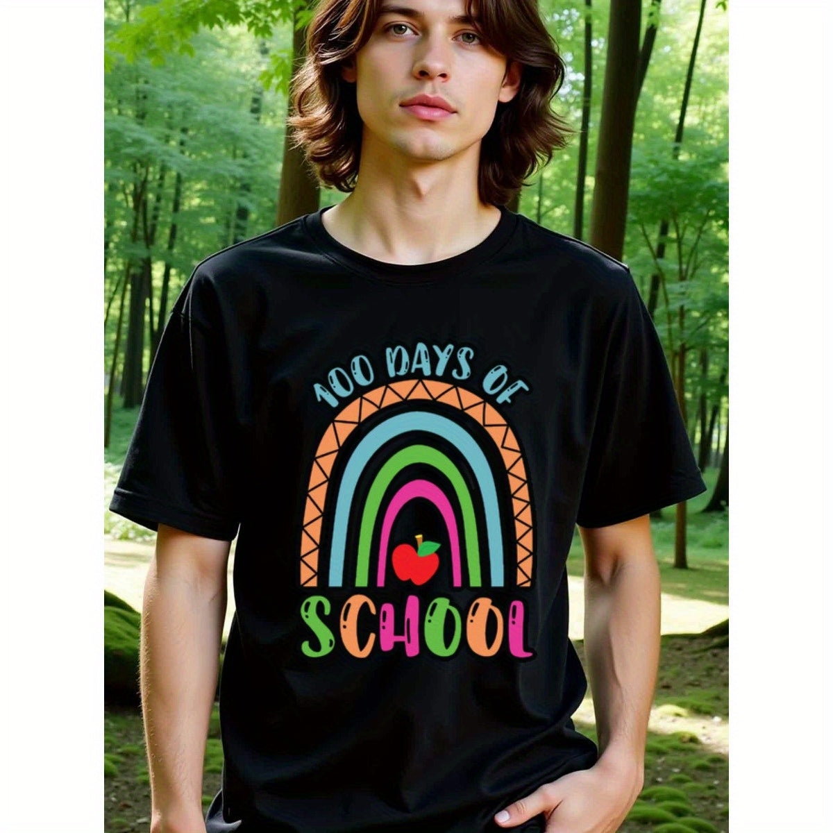 natee local warehouse clearance 100 Days of School Rainbow Apple Black T-shirt, 男t