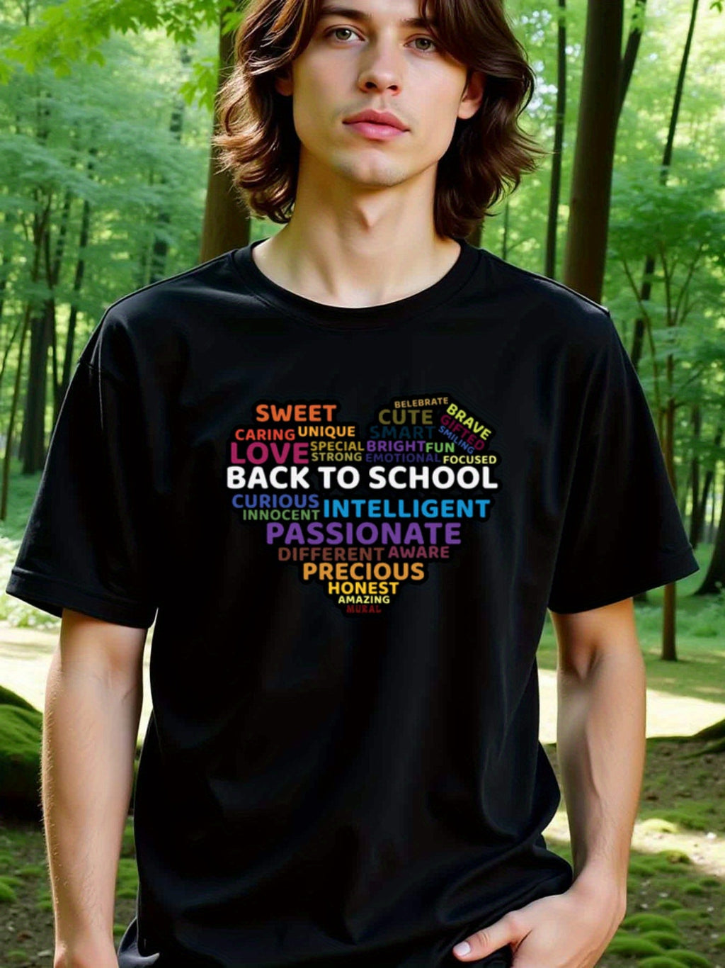natee local warehouse clearance Back to School Positive Words Black T-shirt, 100% Cotton Fabric,Crew Neck,Regular Fit,Weekend Casual Wear,180gsm Family Friends Christian festival Thanksgiving Day, 男t