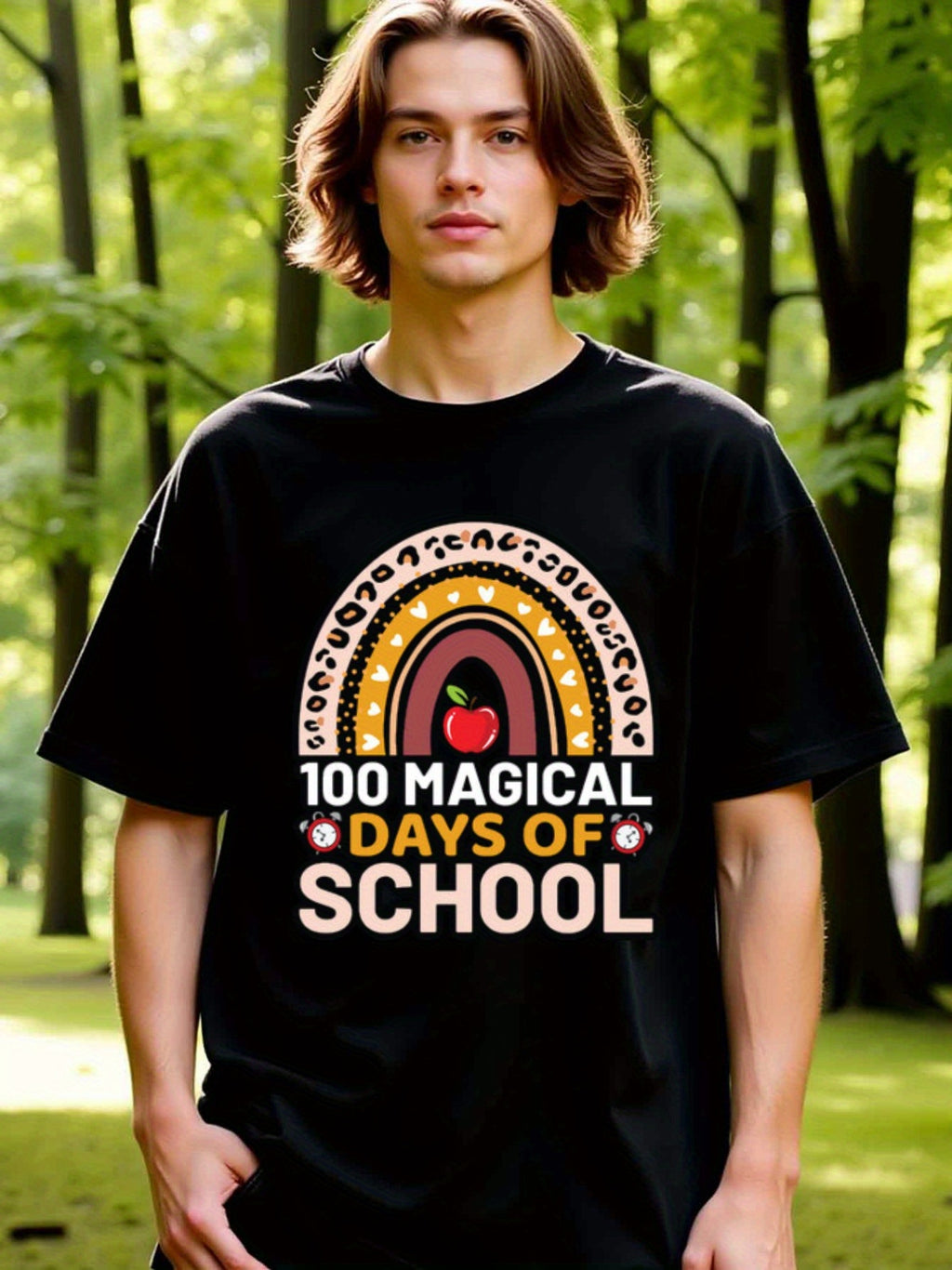 natee local warehouse clearance 100 Magical Days of School Rainbow T-shirt, man's T-Shirt,100% Cotton Fabric,Crew Neck,Short Sleeve,Regular Fit,All-Season Casual Wear,180gsm-Ideal for Valentines Christian festival Thanksgiving Day, 男t