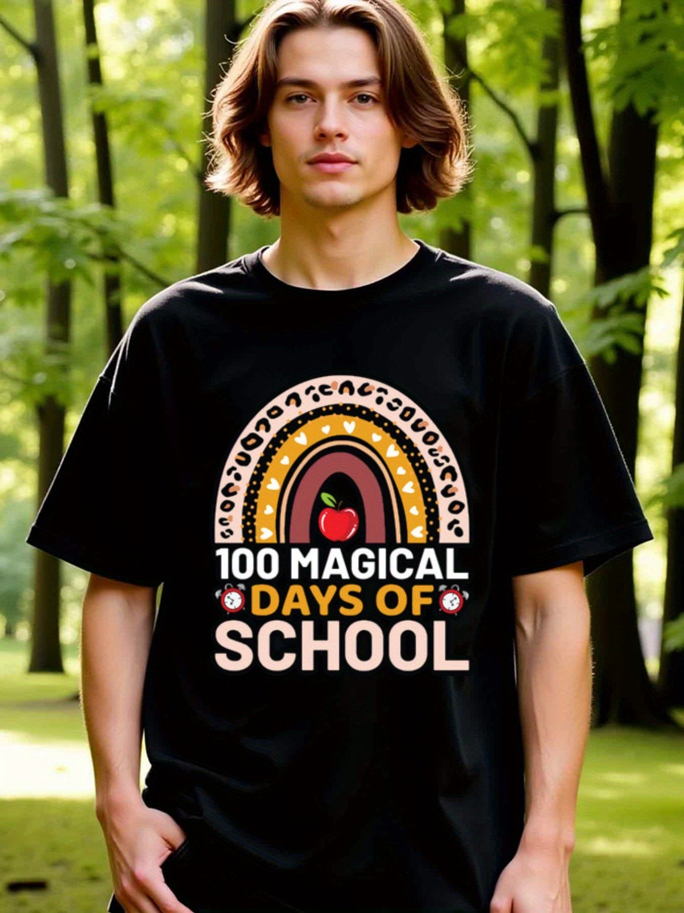 natee local warehouse clearance 100 Magical Days of School Rainbow T-shirt, man's T-Shirt,100% Cotton Fabric,Crew Neck,Short Sleeve,Regular Fit,All-Season Casual Wear,180gsm-Ideal for Valentines Christian festival Thanksgiving Day, 男t